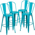 4 Pk. 30 High Crystal Blue Metal Indoor-Outdoor Barstool with Back