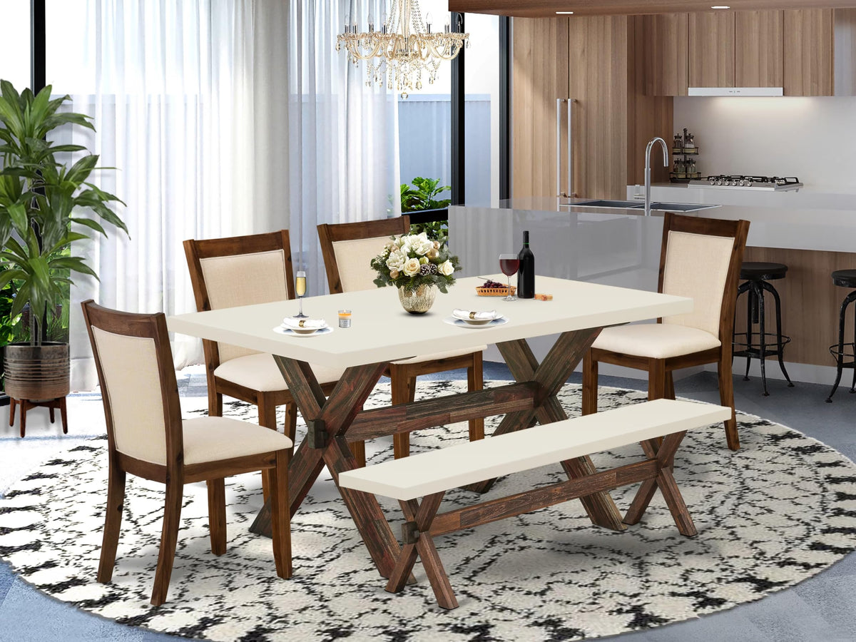 East West Furniture X726Mzn32-6 6 Piece Kitchen Table Set Contains A Rectangle Dining Table With X-Legs And 4 Light Beige Linen Fabric Parson Chairs With A Bench, 36X60 Inch, Multi-Color