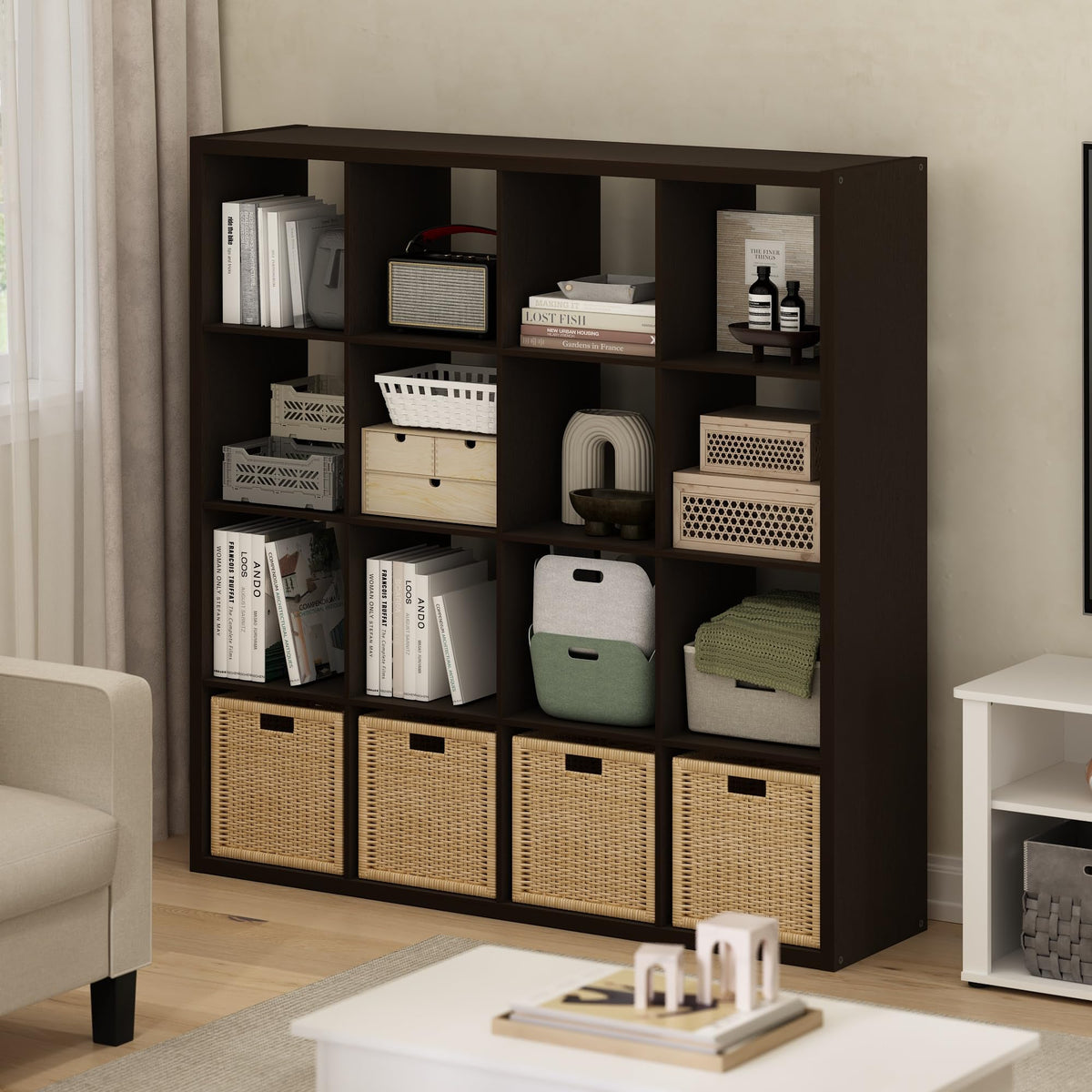 Furinno Cubicle Open Back Decorative Cube Storage Organizer, 16-Cube, Dark Oak