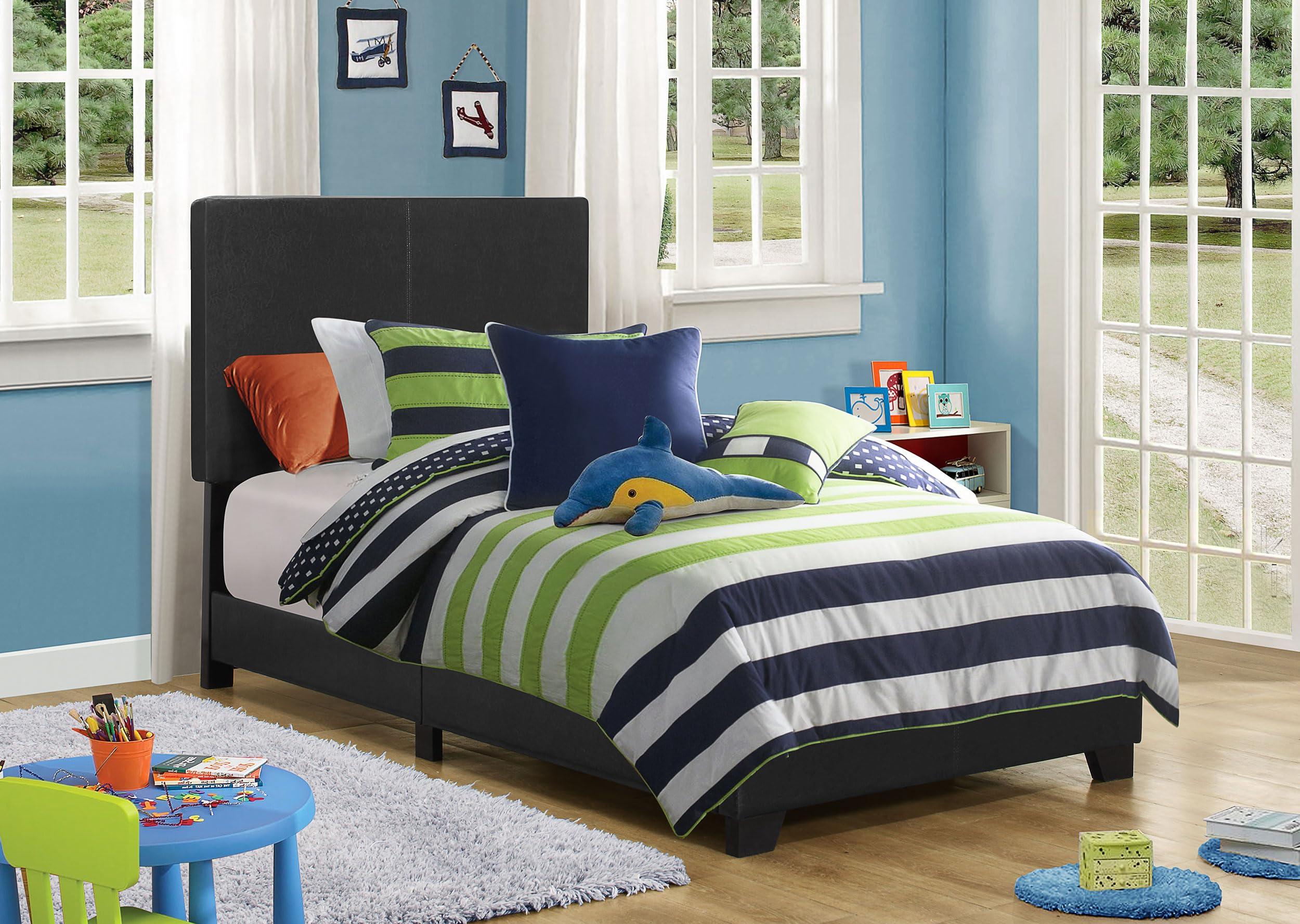 Coaster Home Furnishings Dorian Modern Upholstered Twin Size Bed Frame Black Faux Leather Easy Assembly 300761T