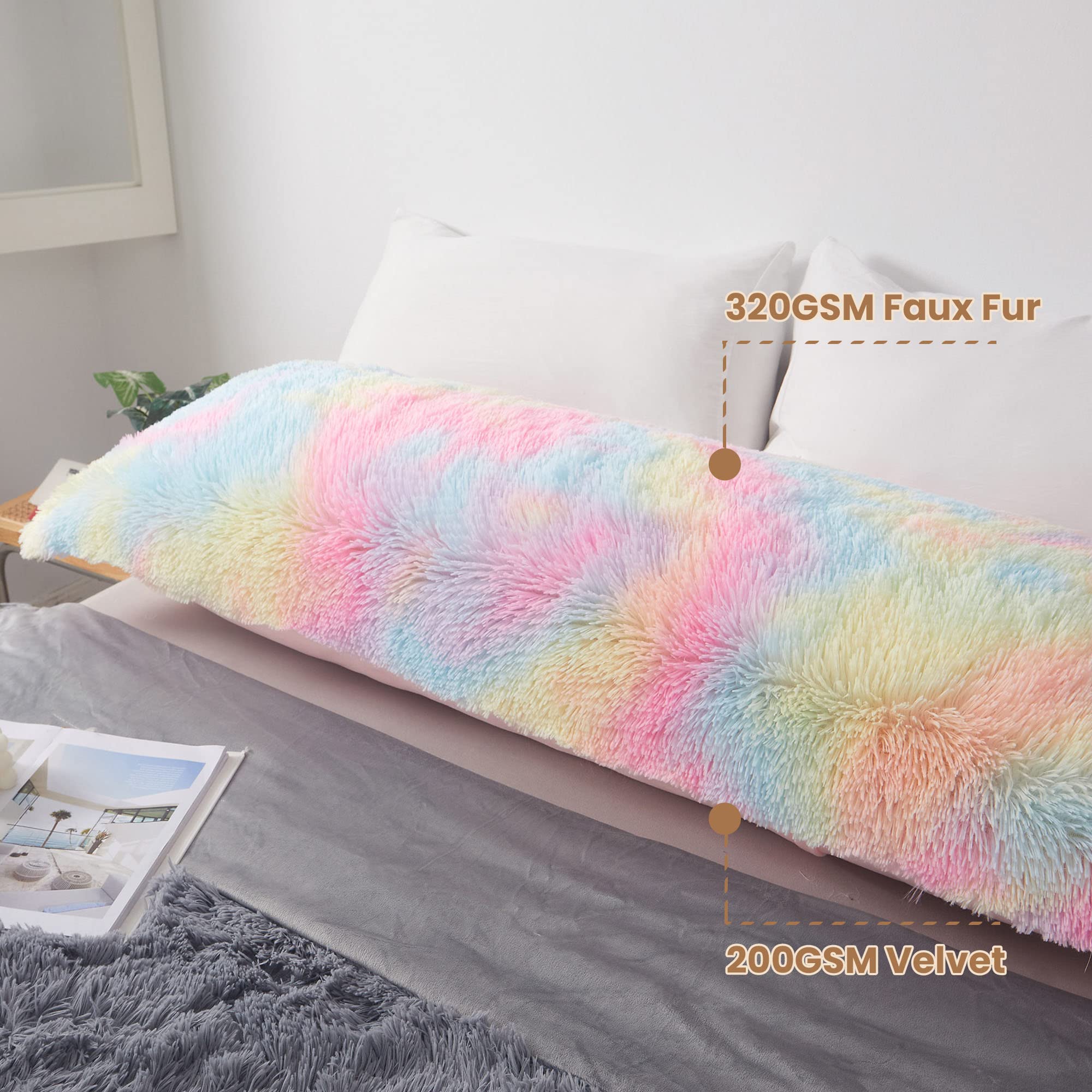 Mego Rainbow Print Fluffy Body Pillow Cover, 20X54 Shaggy Faux Fur Body Pillow Case, Tie Dye Soft Plush Fuzzy Body Pillowcase, F