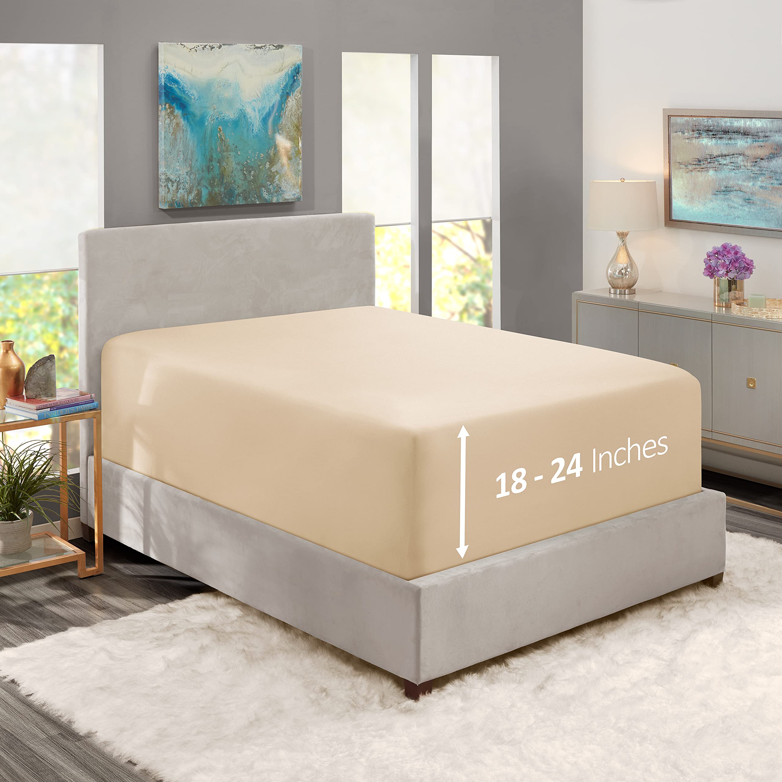 Nestl Beige Twin Xl Fitted Sheet Only, Extra Deep Pocket Fitted Bed Sheet, 1800 Microfiber Xl Twin Fitted Sheet, Ultra Soft Fitted Sheet Twin Xl Fits Up To 24 Inch Mattress