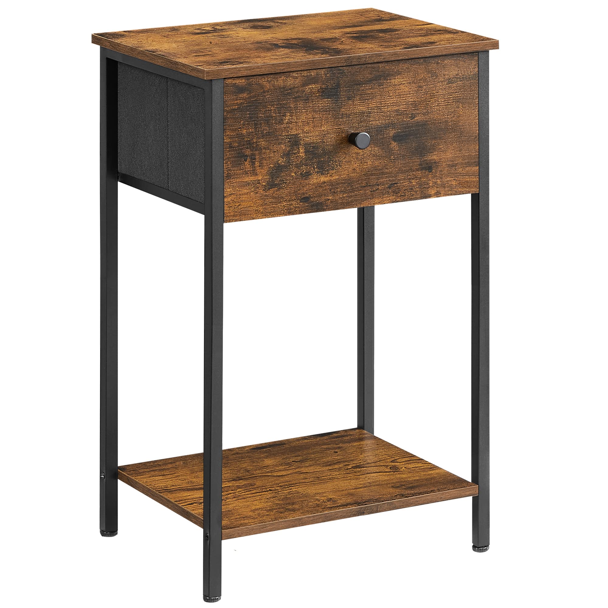 VASAGLE Nightstand, Side Table with Fabric Drawer, 24-Inch Tall End Table with Storage Shelf, Bedroom, Rustic Brown and Black UL