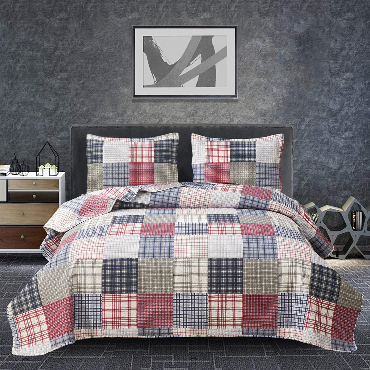 Plaid Quilt Set King Size Bedspread Coverlet Plaid Patchwork Quilt Set Bedding Boys Mens Red Blue White Plaid Bedspread Lightwei