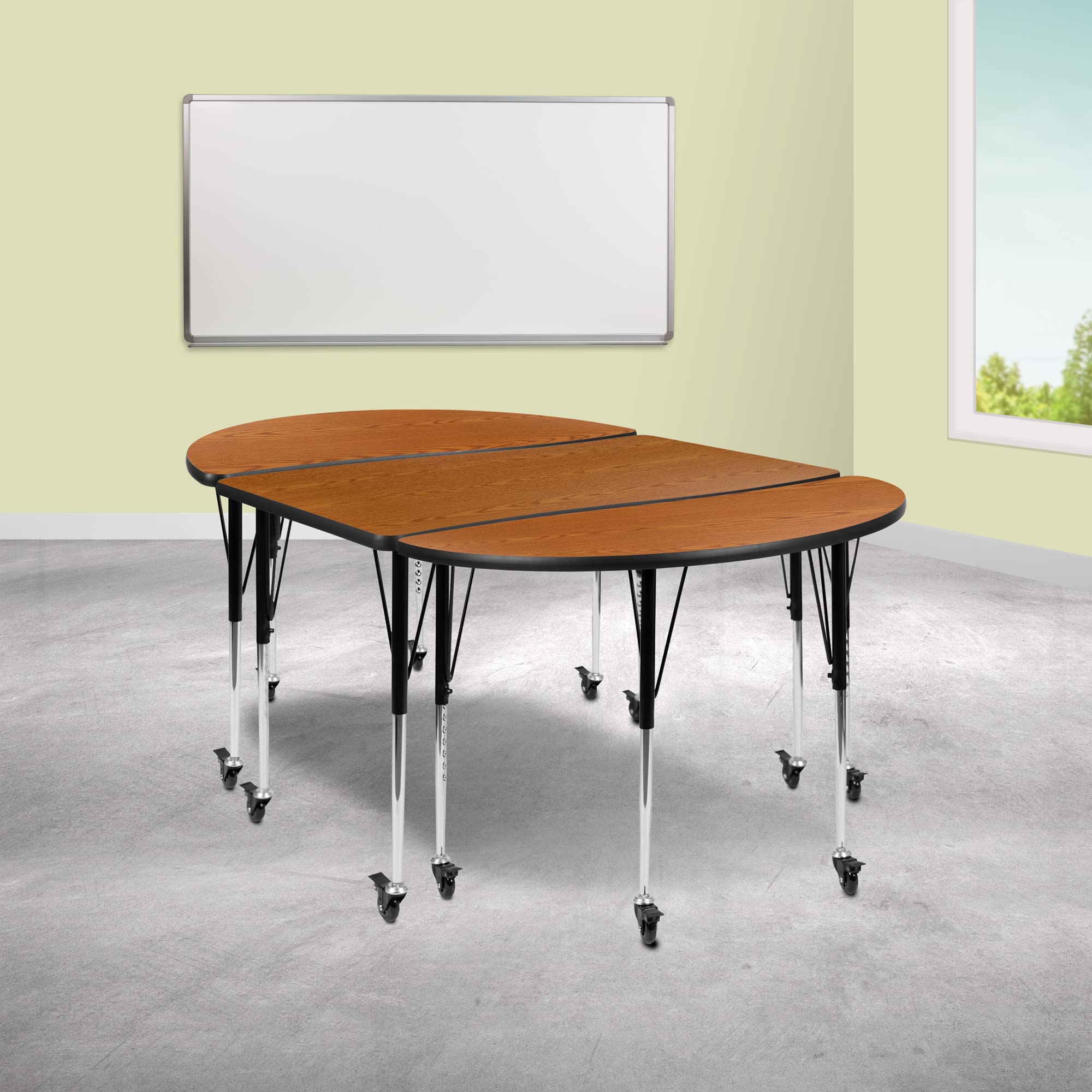Flash Furniture 3 Piece Mobile 76" Oval Wave Collaborative Oak Thermal Laminate Activity Table Set-Standard Height Adjustable Legs