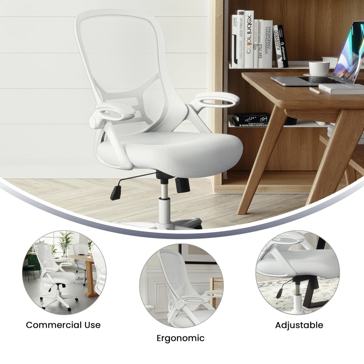 Flash Furniture Porter High-Back Swivel Office Chair with Adjustable Lumbar Support and Seat Height, Ergonomic Mesh Desk Chair with Flip-Up Armrests, White