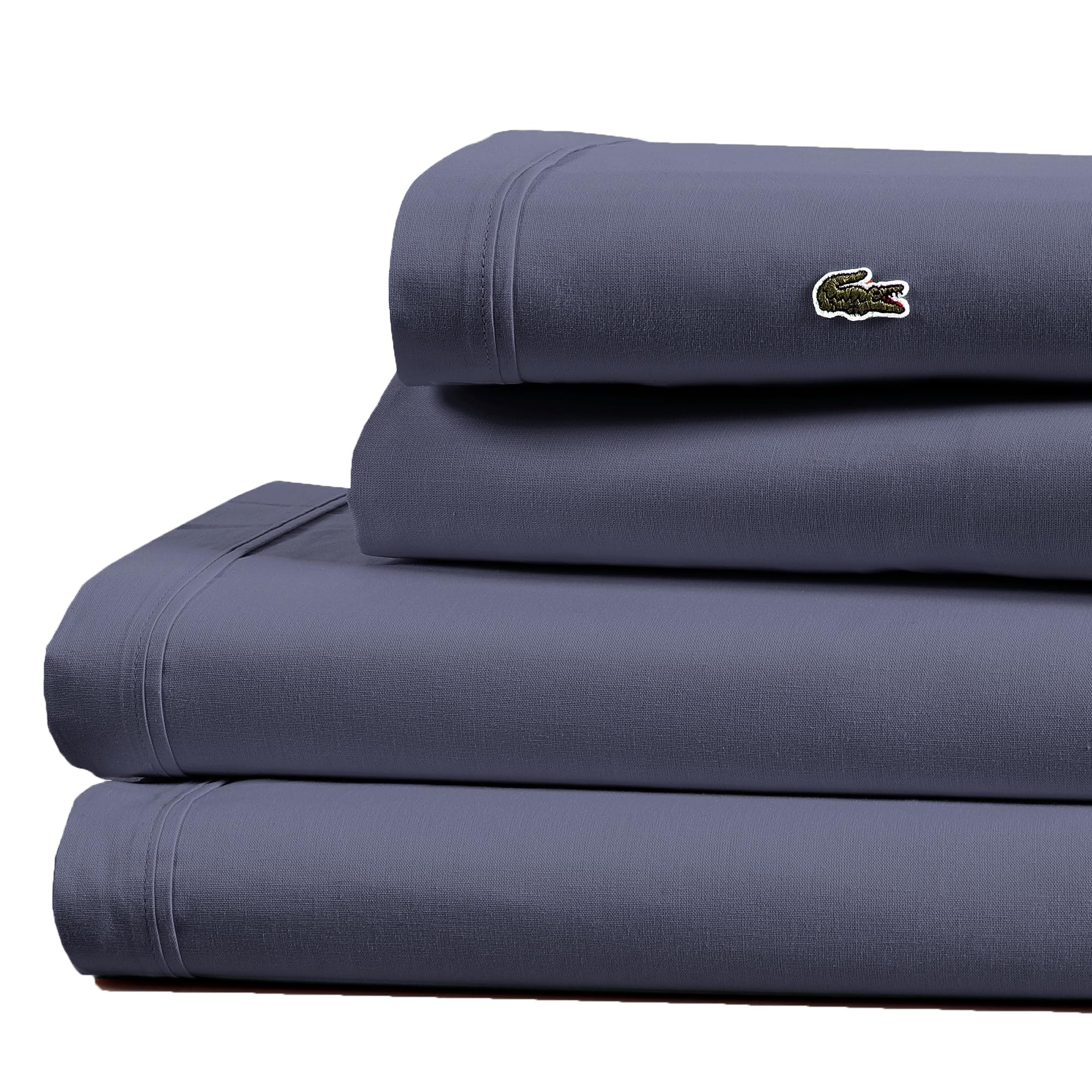 Lacoste 100% Cotton Percale 4-Piece Sheet Set - Cool, Crisp, Matte, and Durable, Oeko-Tex Certified - Solid, Vintage Indigo, Kin