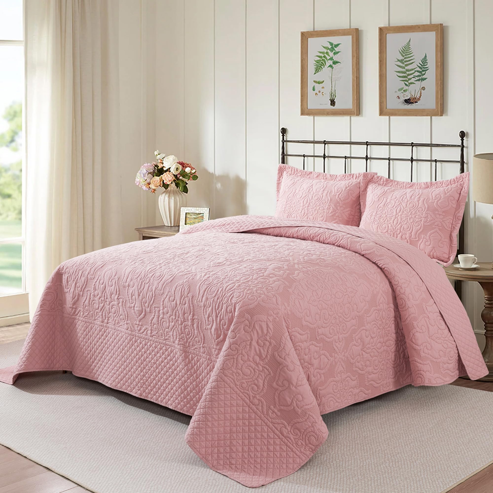 Newlake Quilt Bedspread Set, Pink Jacquard Embossed Floral Pattern Reversible Embroidered Microfiber Coverlet Sets, King Size