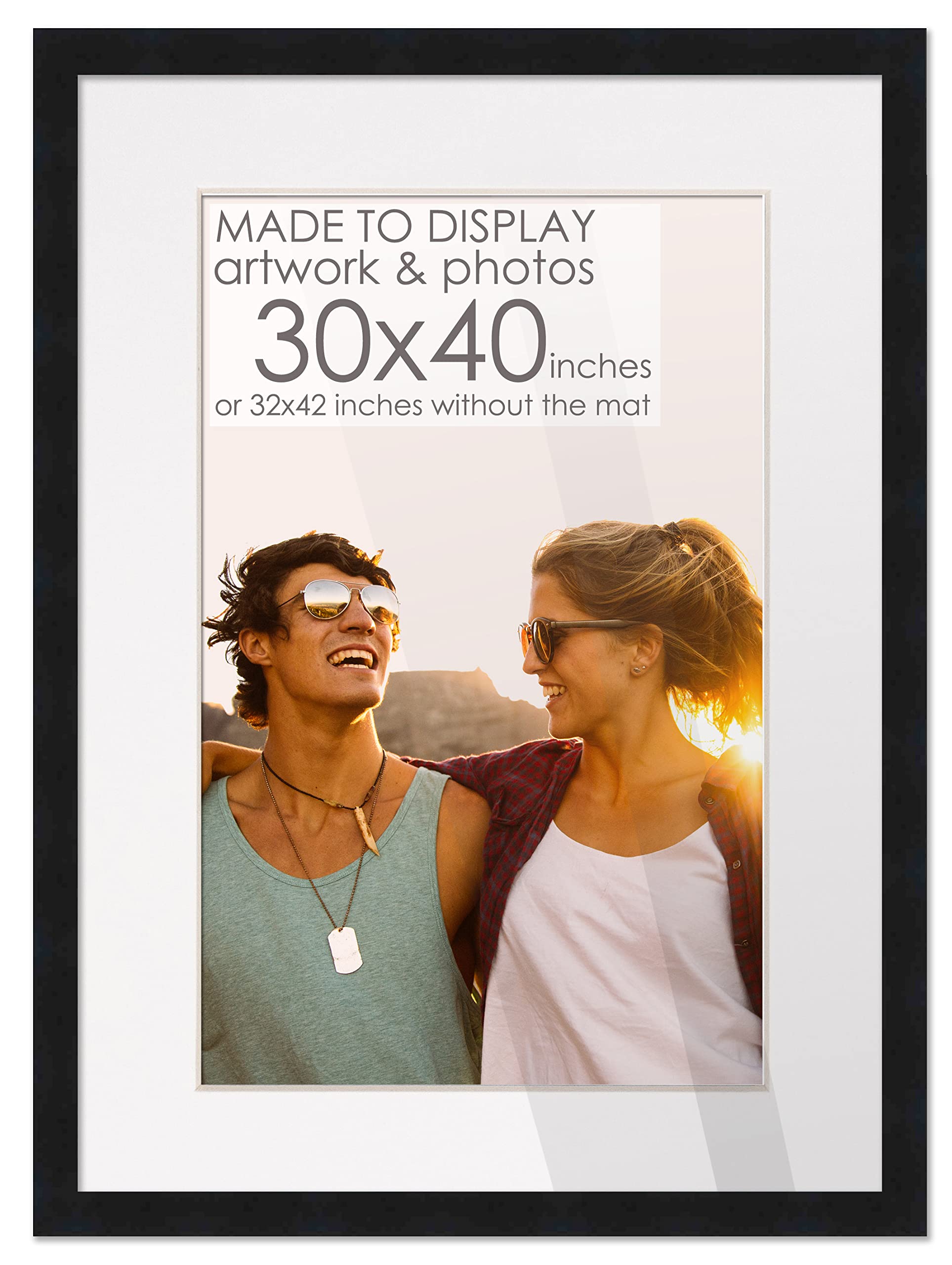 30x40 Black Wood Picture Frame | with White Mat | 32x42 Frame Matted to 30x40 | Display Your Poster Under UV Acrylic Shatter Gua