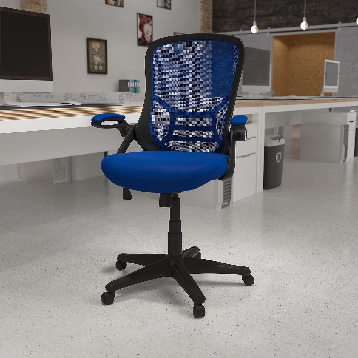 Flash Furniture Porter High-Back Swivel Office Chair with Adjustable Lumbar Support and Seat Height, Ergonomic Mesh Desk Chair with Flip-Up Armrests, Blue/Black