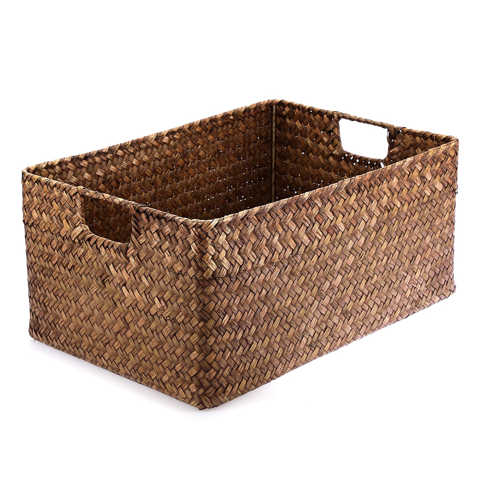 Hipiwe Seagrass Storage Baskets Bin for Shelf Handwoven Wicker Baskets Built-in Handles Rectangular Closet Bedroom Organizer Box