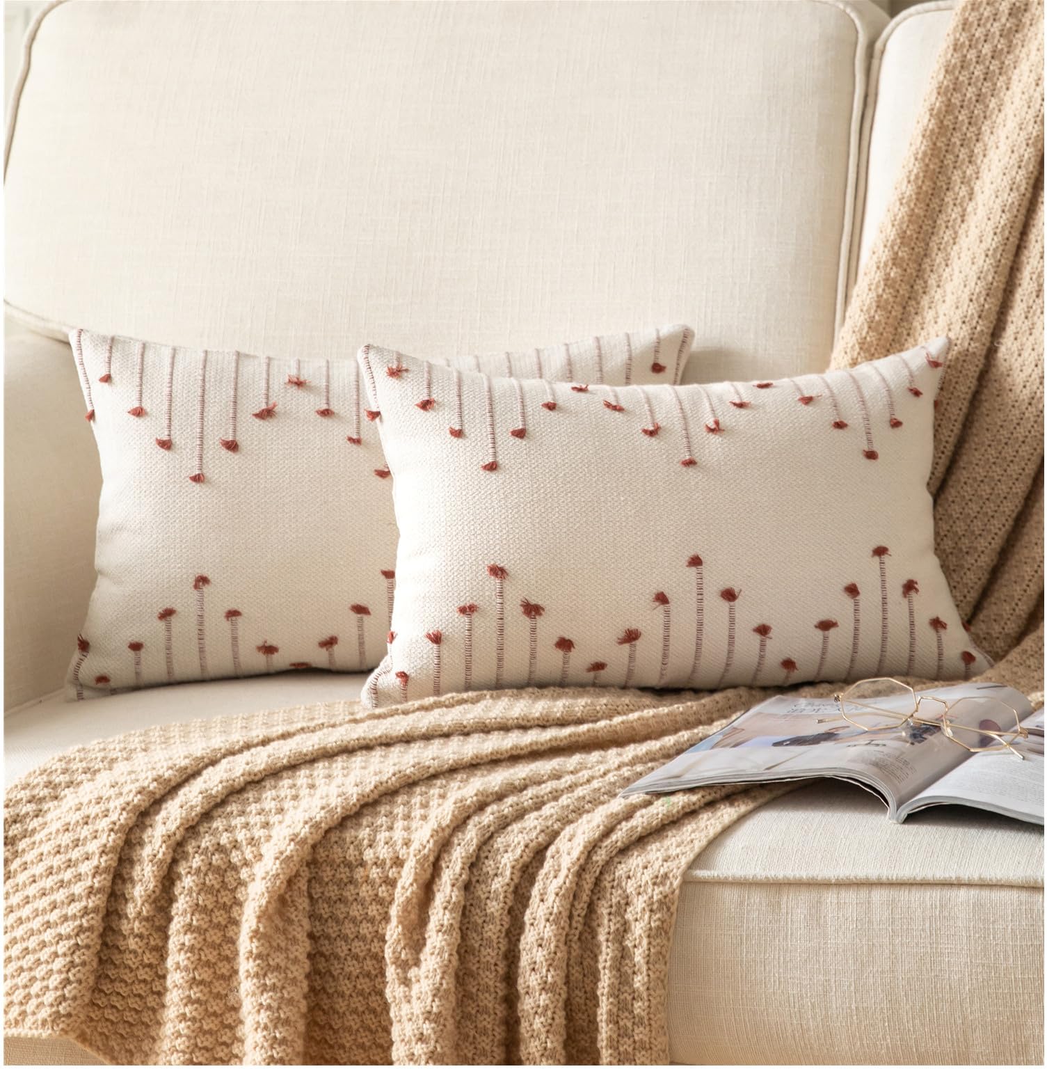 Caflife Boho Throw Pillow Covers 12x20 Set of 2 Decorative Pillows for Bed, Neutral Pillow Covers Beige with Rust Line Throw Pil
