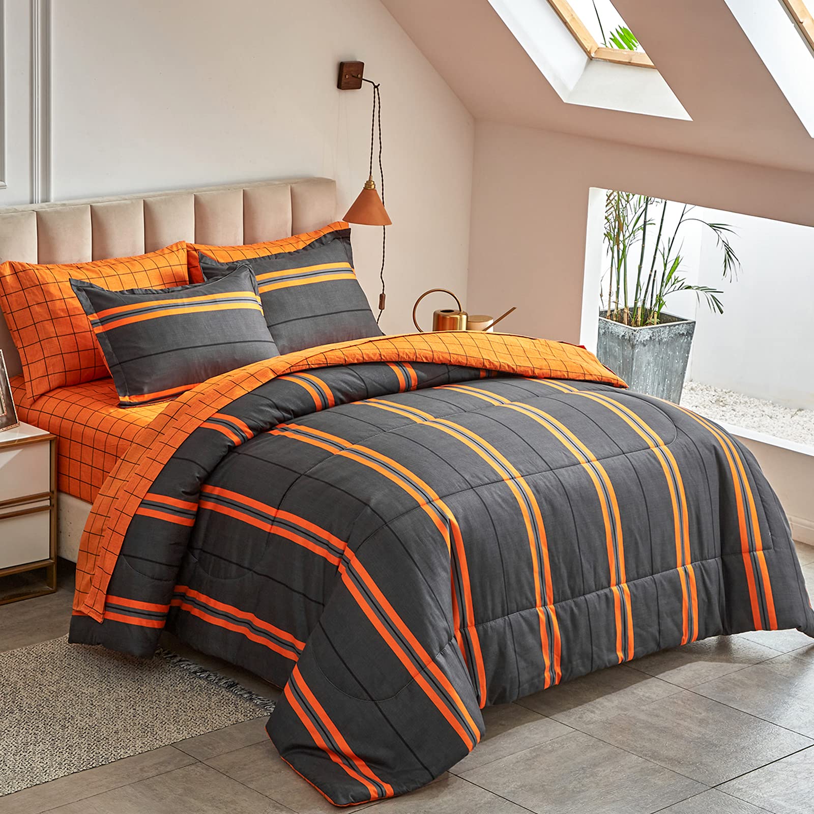 Flysheep Boho Striped Halloween Bed In A Bag 7 Pieces Queen Size, Ombre Bright Orange Stripes On Black Comforter Sheet Set (1 Co