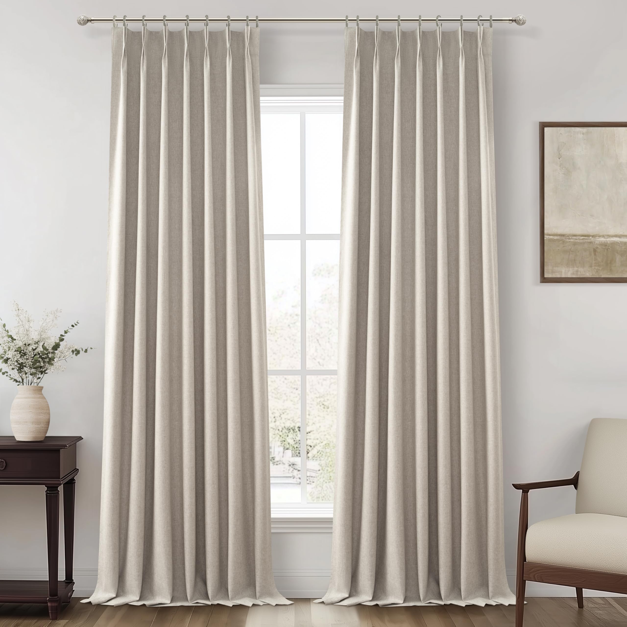 Grey Beige Taupe Viral Curtains with French Pinch Pleat Clips& White Backing, Thermal Living Room/Bedroom Linen Blackout Curtain