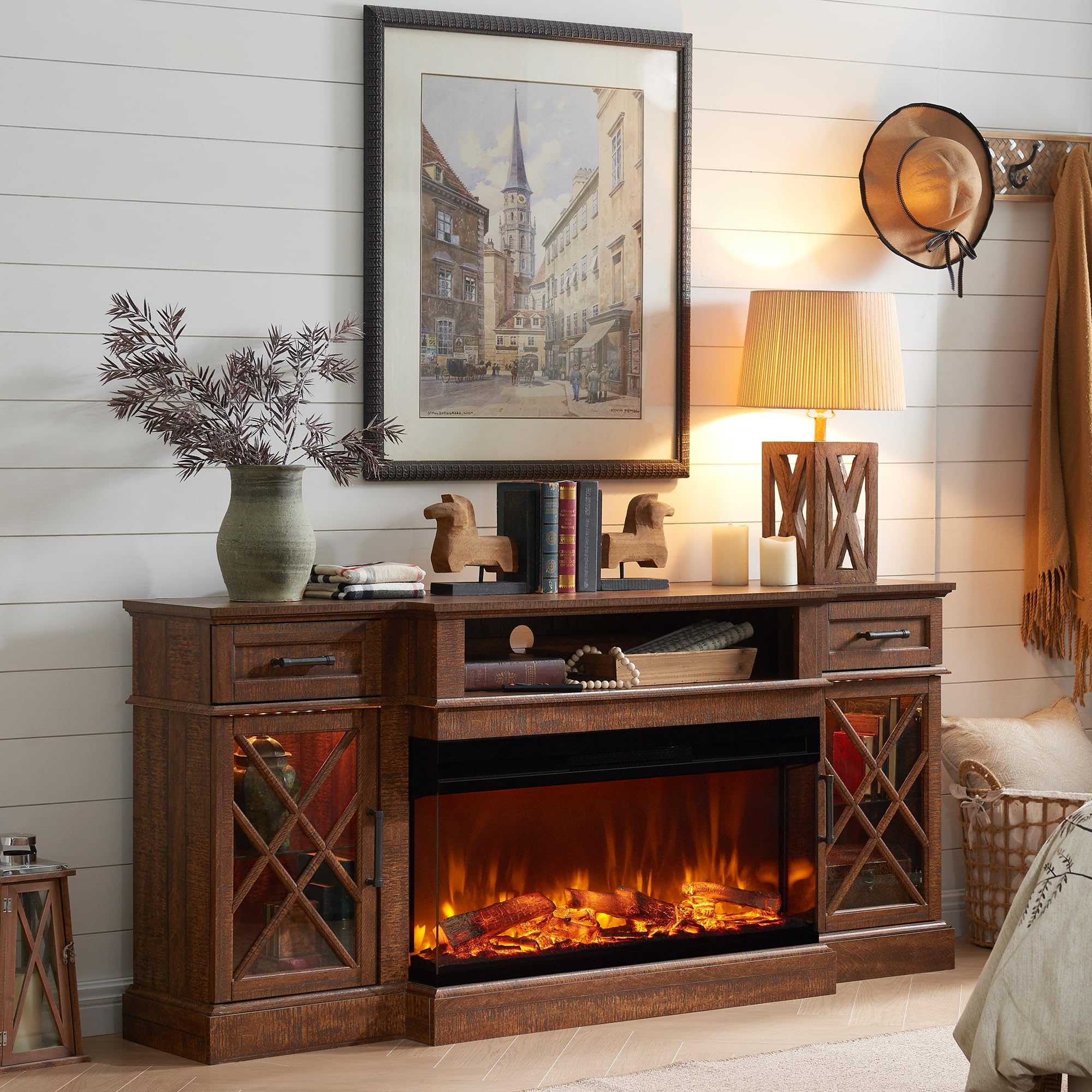 OKD 3-Sided Glass Farmhouse Fireplace TV Stand for TVs up to 80'', Highboy Entertainment Center with Glass Door Storage Cabinet,