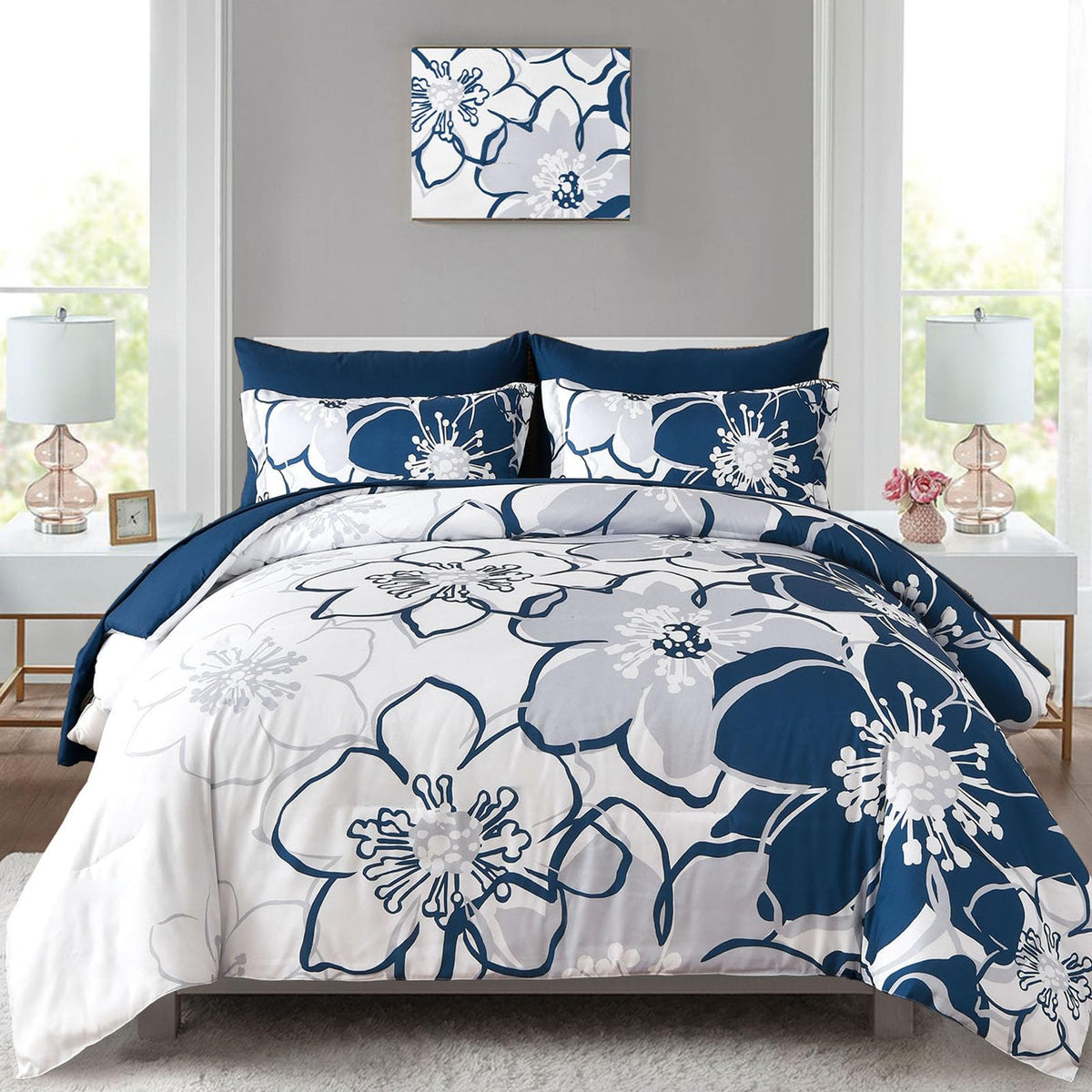 Navy Floral Comforter Set King Size 7 Piece, Blue Flower Bed In A Bag, Elegant Botanical Floral Comforter Soft Microfiber Comple