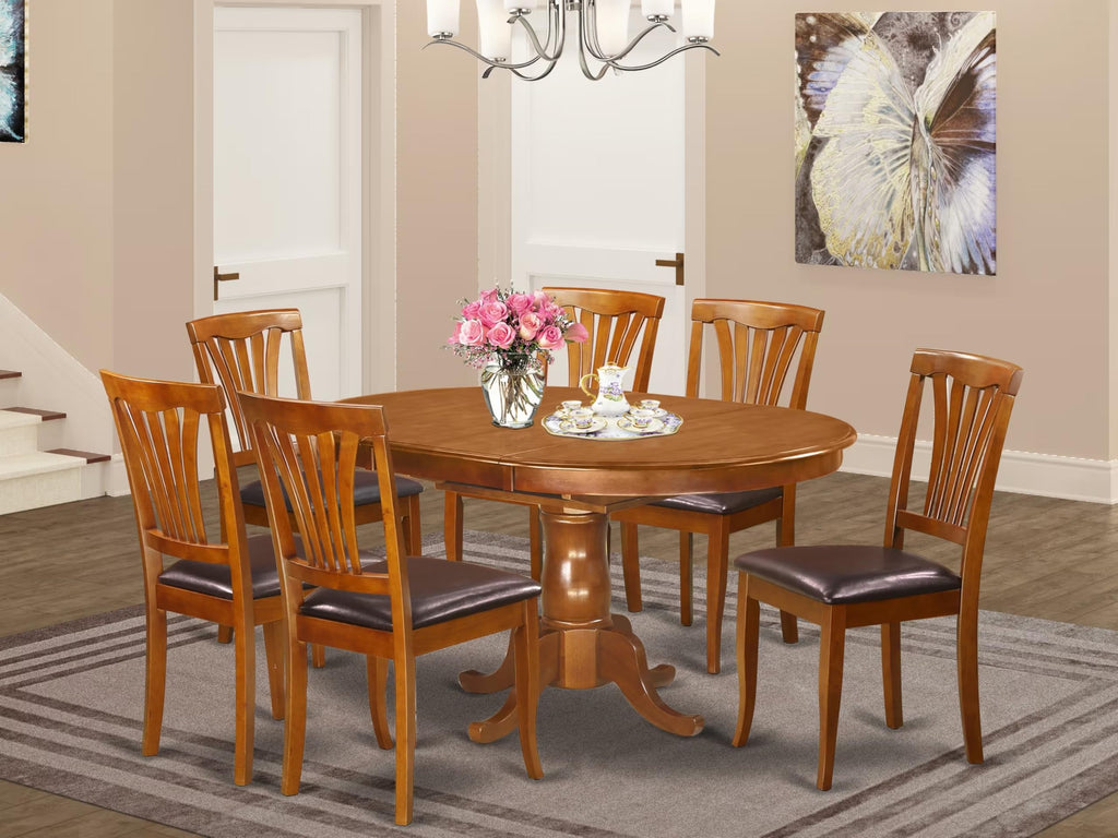 East West Furniture POAV7-SBR-LC 7 Piece Dining Set Consist of an Oval Dining Room Table with Butterfly Leaf and 6 Faux Leather Upholstered Chairs, 42x60 Inch, Saddle Brown