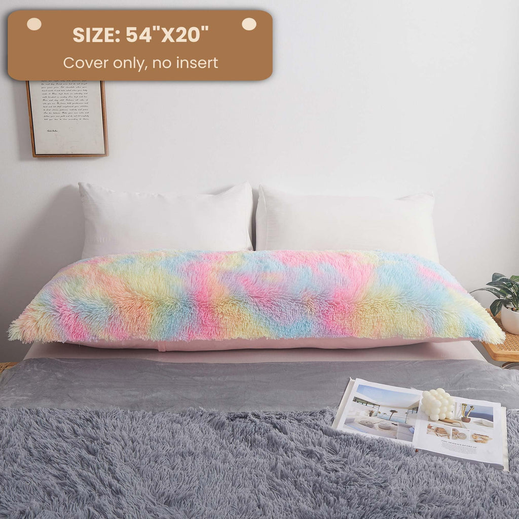 Mego Rainbow Print Fluffy Body Pillow Cover, 20X54 Shaggy Faux Fur Body Pillow Case, Tie Dye Soft Plush Fuzzy Body Pillowcase, F