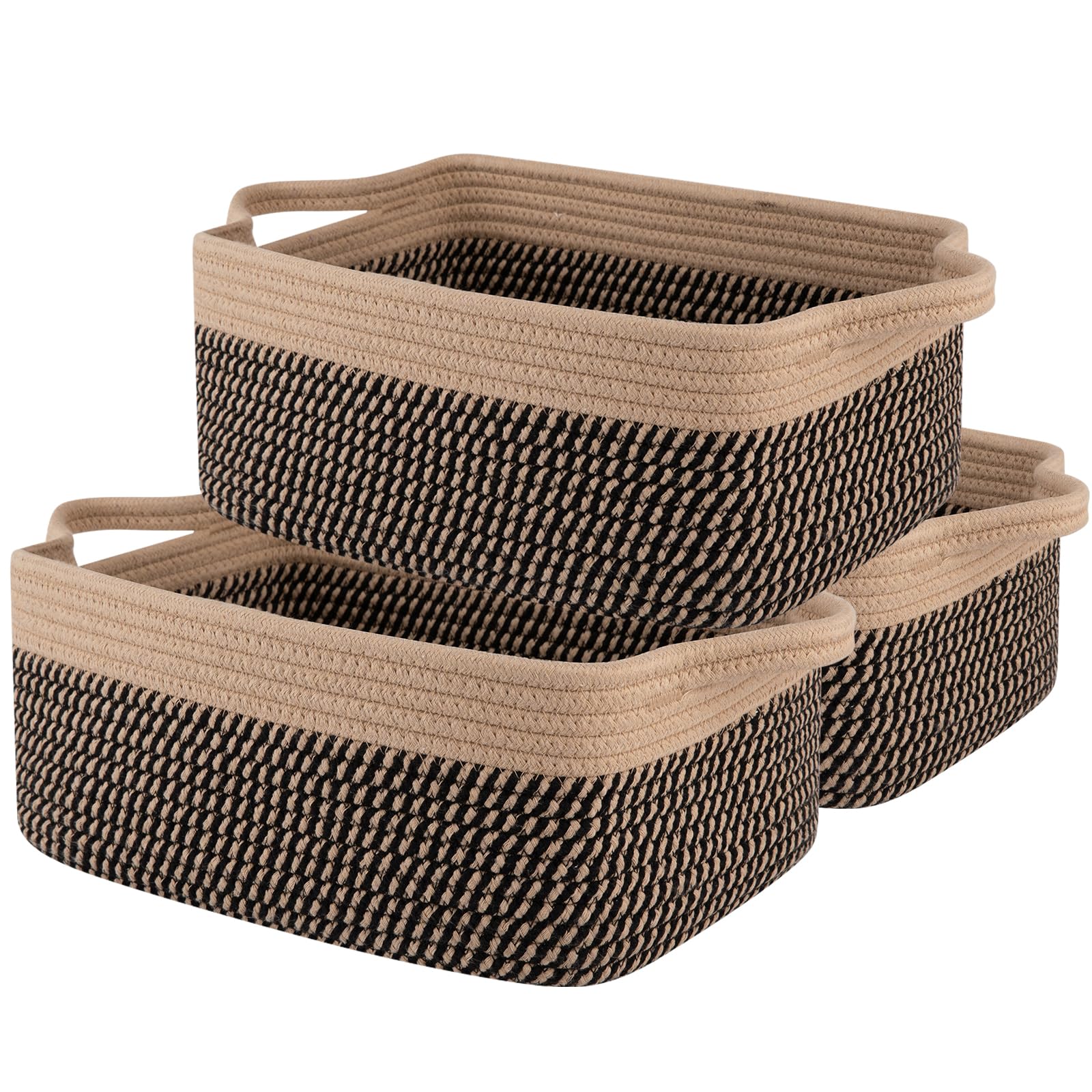 OIAHOMY 3 Pack Storage Baskets for Organizing, Woven Cotton Rope Basket for Shelves, Closet Organizer Bins with Handles, Rectang