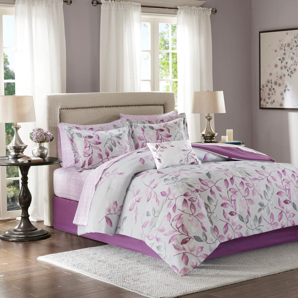 Madison Park Essentials Cozy Bed In A Bag Comforter With Complete Cotton Sheet Set - Trendy Floral Design All Season Cover, Decorative Pillow, King(104'X92'), Leaf Purple 9 Piece