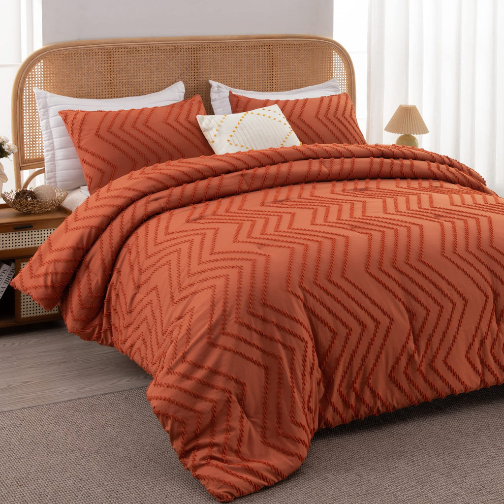 Litanika Burnt Orange King Comforter Set, 3 Pieces Lightweight Terracotta Rust Boho Fall Tufted Bedding Sets, Down Alternative C