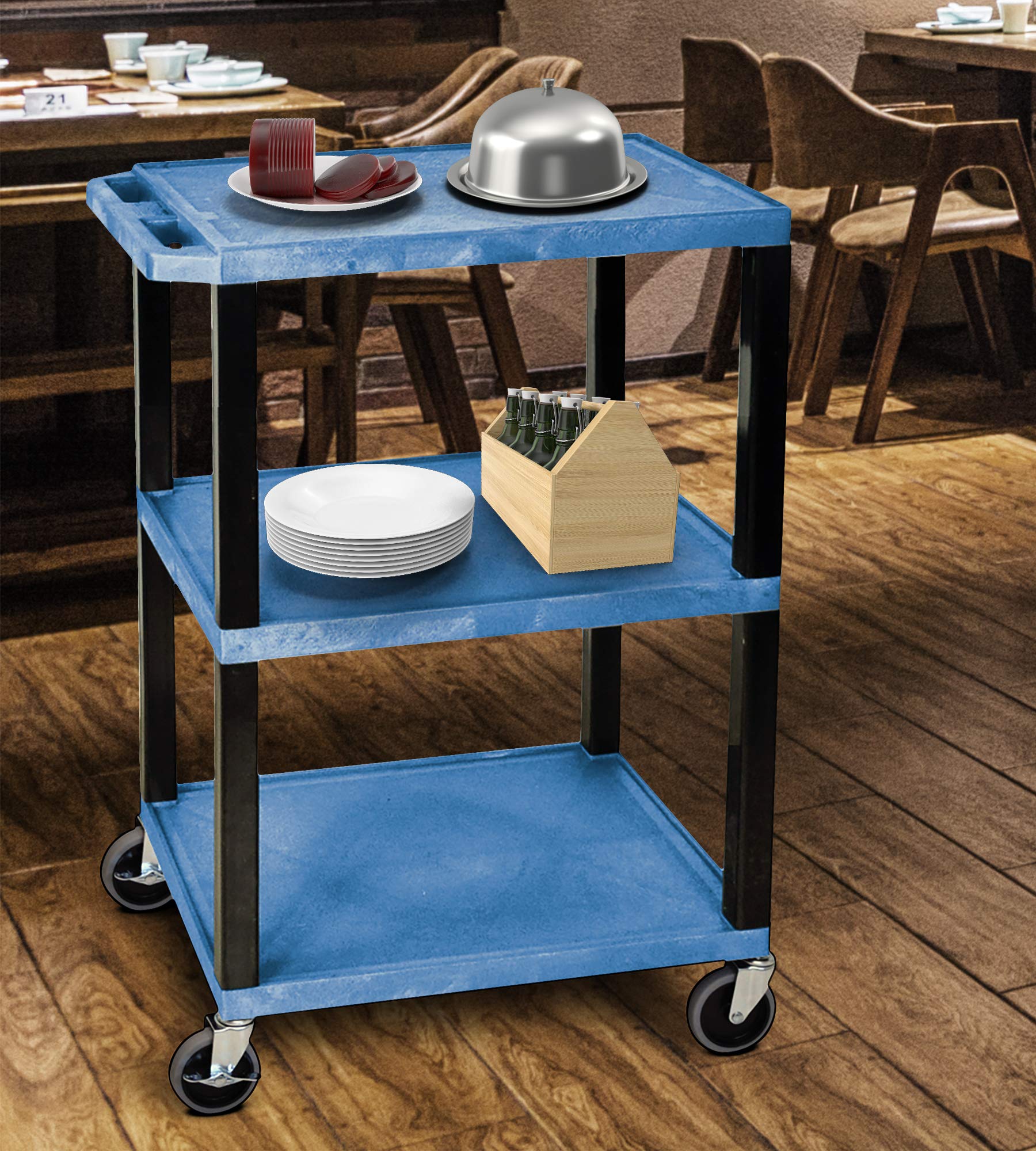 LUXOR WT34BUS Tuffy Utility Cart - Three Shelves, 4" Silent-Roll, Full-Swivel Heavy-Duty Casters, Two with Locking Brake, Multipurpose Storage for Video Projector, TV, Laptop, Printer Stand