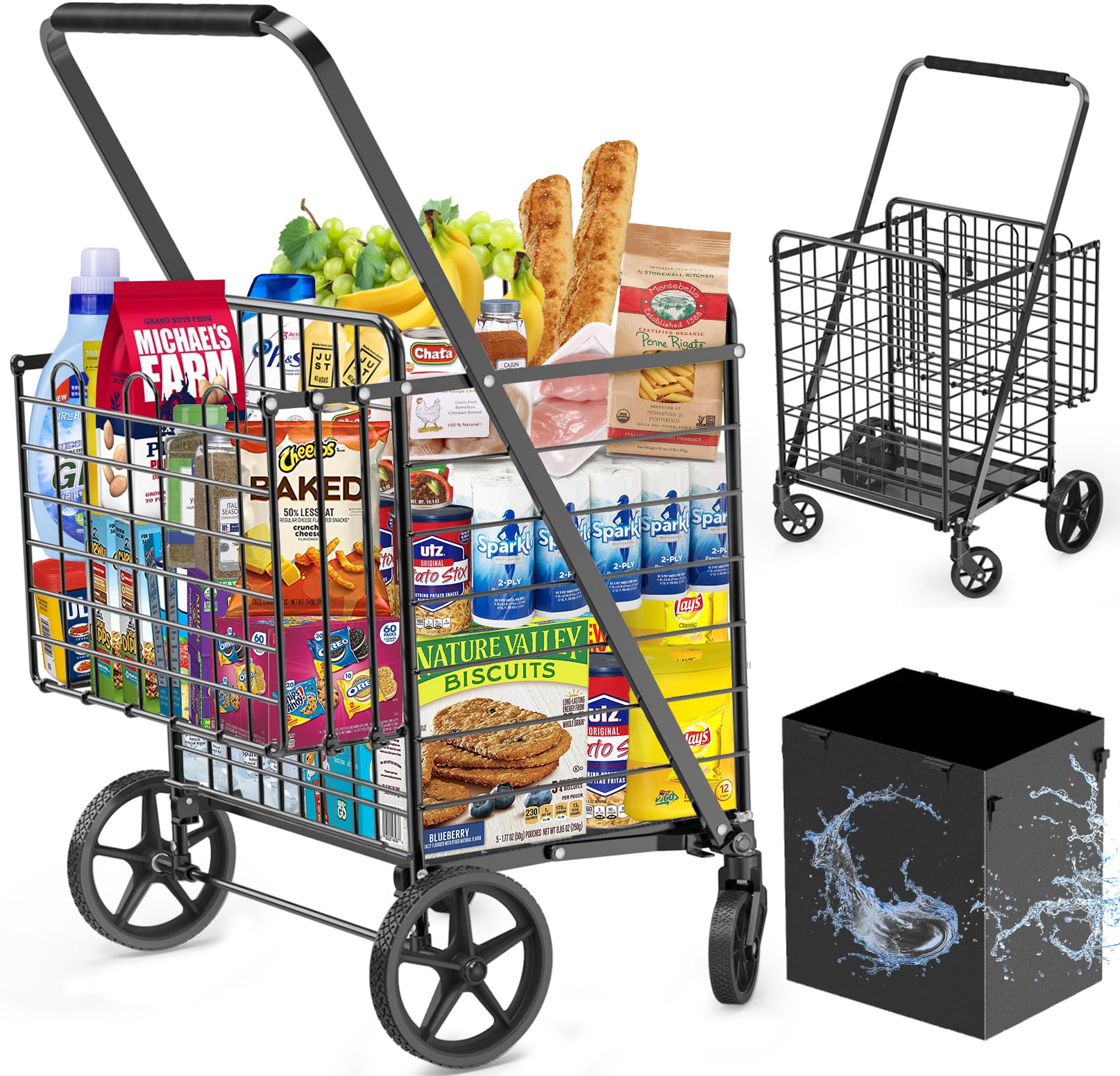 Extra Large Shopping Cart For Groceries, 450Lbs Heavy Duty Grocery Cart On Wheels, Folding Dual Basket Utility Carts With Waterp