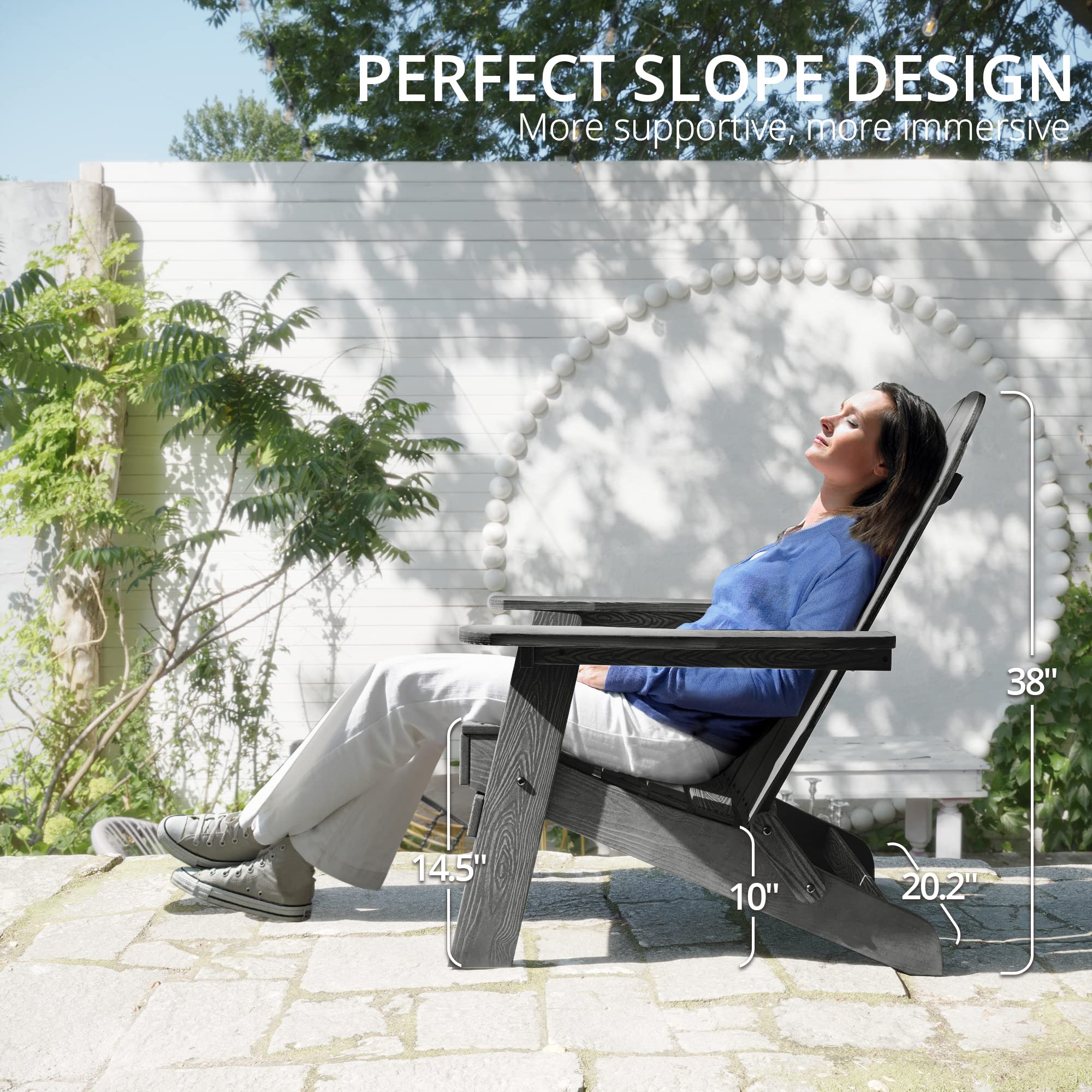 Lue Bona Folding Adirondack Chair Set Of 2, Dark Gray Hdps Outdoor Fire Pit Patio Chairs Weather Resistant, Modern Plastic Chairs With Cup Holder For Proch Garden Deck