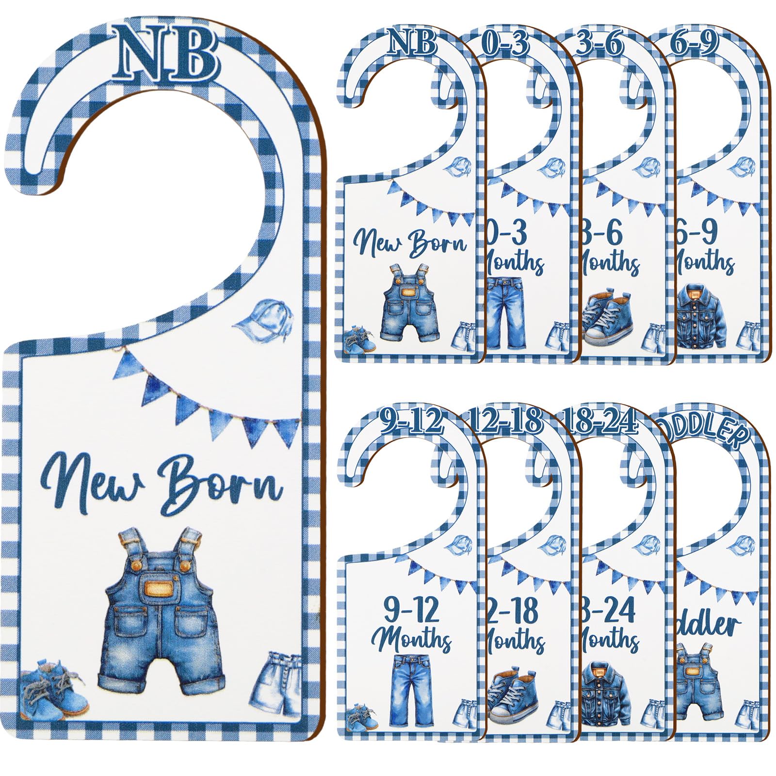 CORNER LACE Baby Closet Dividers 8PCS, Denim Themed Wooden Double-Sided Clothes Size Hanger/Organizer from Newborn to Toddler, B