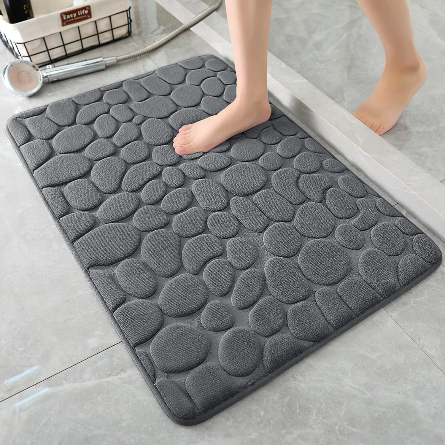 STHITI Memory Foam Bath Mat, Cobblestone Coral Fleece Bath Rug, Rapid Water Absorbent, Non Slip, Washable, Thick, Soft and Comfo
