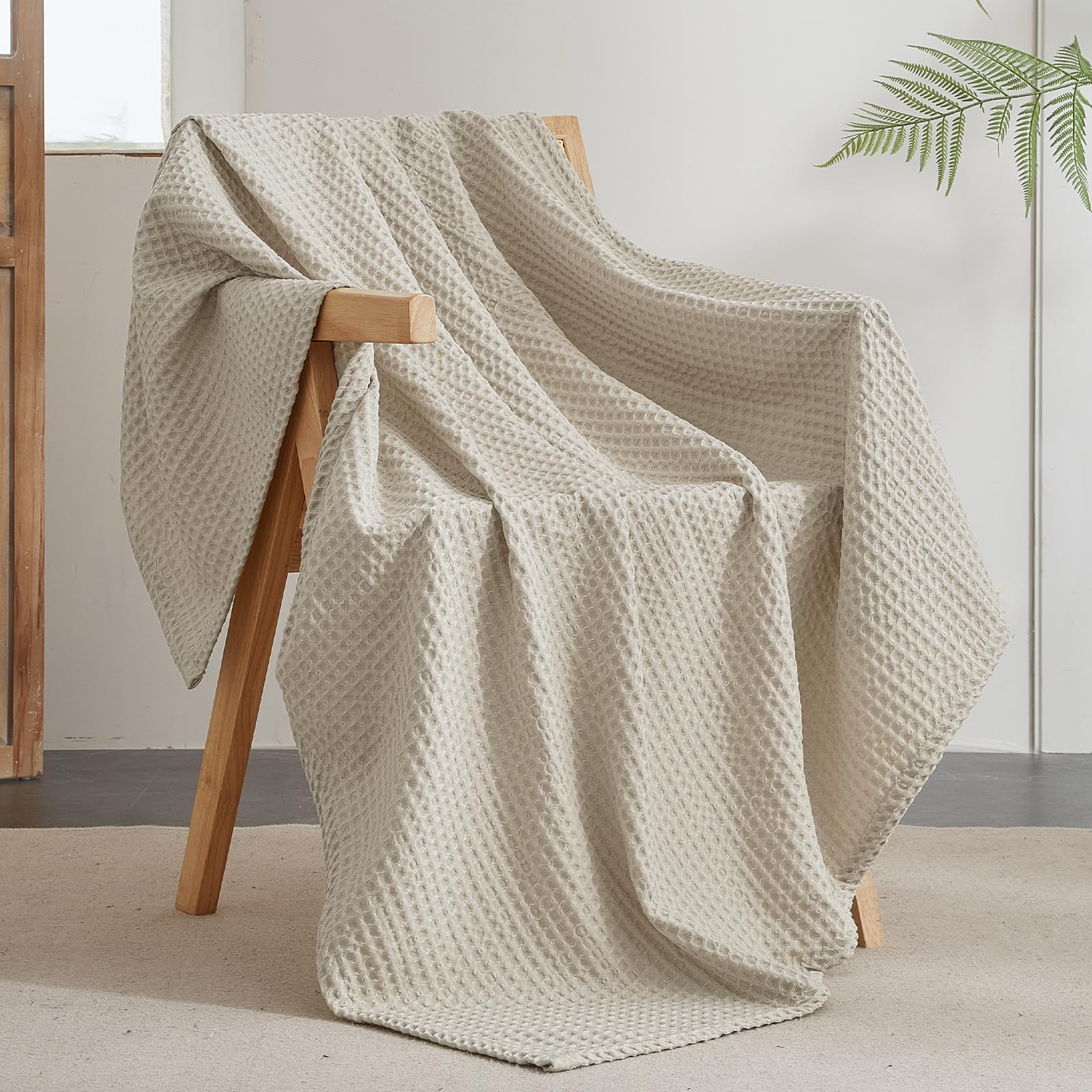 Phf Ultra Soft Waffle Weave Throw Blanket 50'X 60'- Washed Lightweight Breathable Cozy Woven Blanket For Bed - Aesthetic Decor For Couch Bedding Sofa Home Car - Light Khaki/Linen
