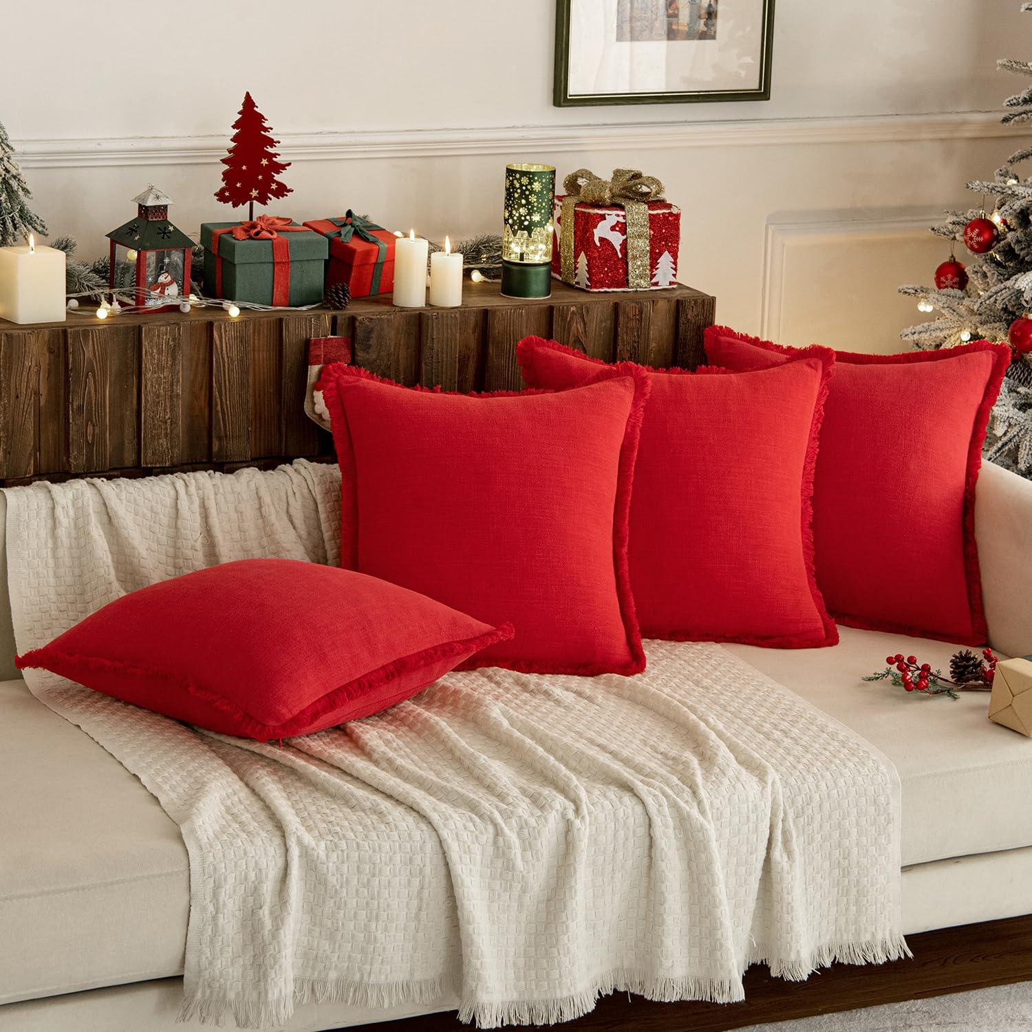 Miulee Decorative Throw Pillow Covers Neutral Linen Fringe Throw Pillows Set Of 2 Red Boho Farmhouse Cushion Covers With Tassels For Couch Sofa Bed Living Room Spring Home Decor 18X18 Inch