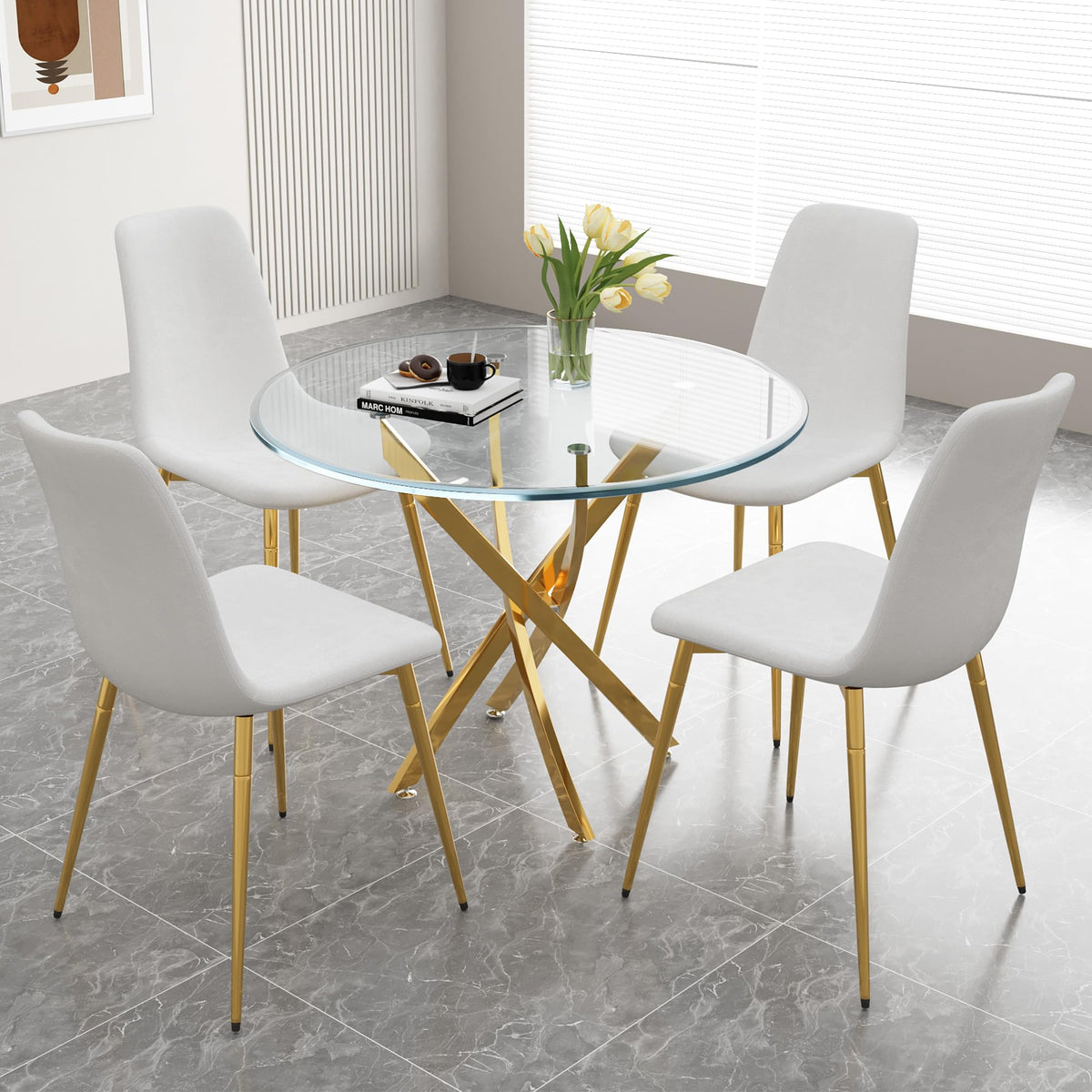 36' Round Glass Dining Table Set For 4, 5-Piece Modern Kitchen Table With 4 White Velvet Chairs, Modern Circle Leisure Table Fo