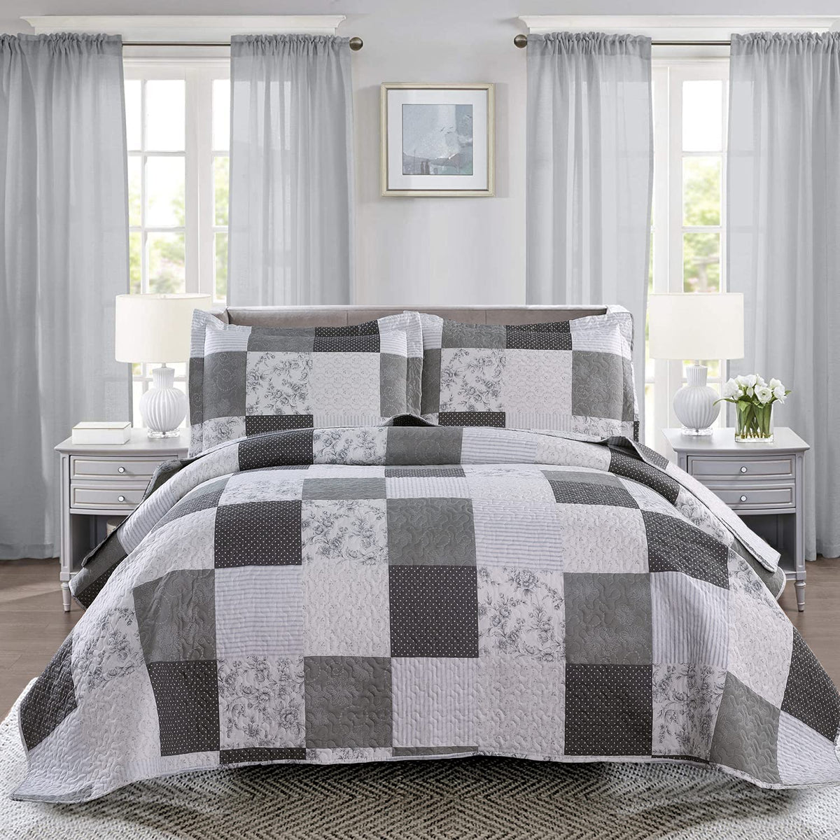 Ycosy Floral Quilt Set Full/Queen Size Patchwork Plaid Bedding Set Flower Reversible Bedspread Morden Lightweight Coverlet Grey
