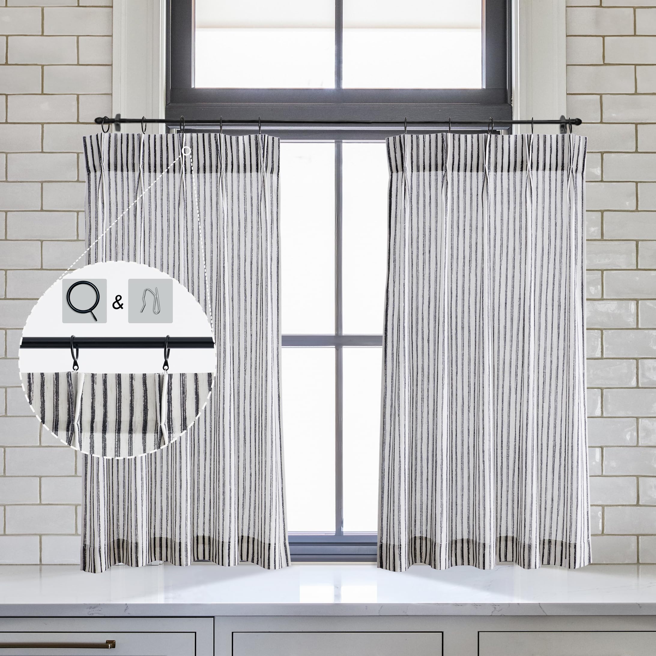 LIMON HOME Boho Kitchen Curtains 45 Inch Length,Pinch Pleated Short Curtain for Small Windows,Bathroom Window Curtain with Hooks
