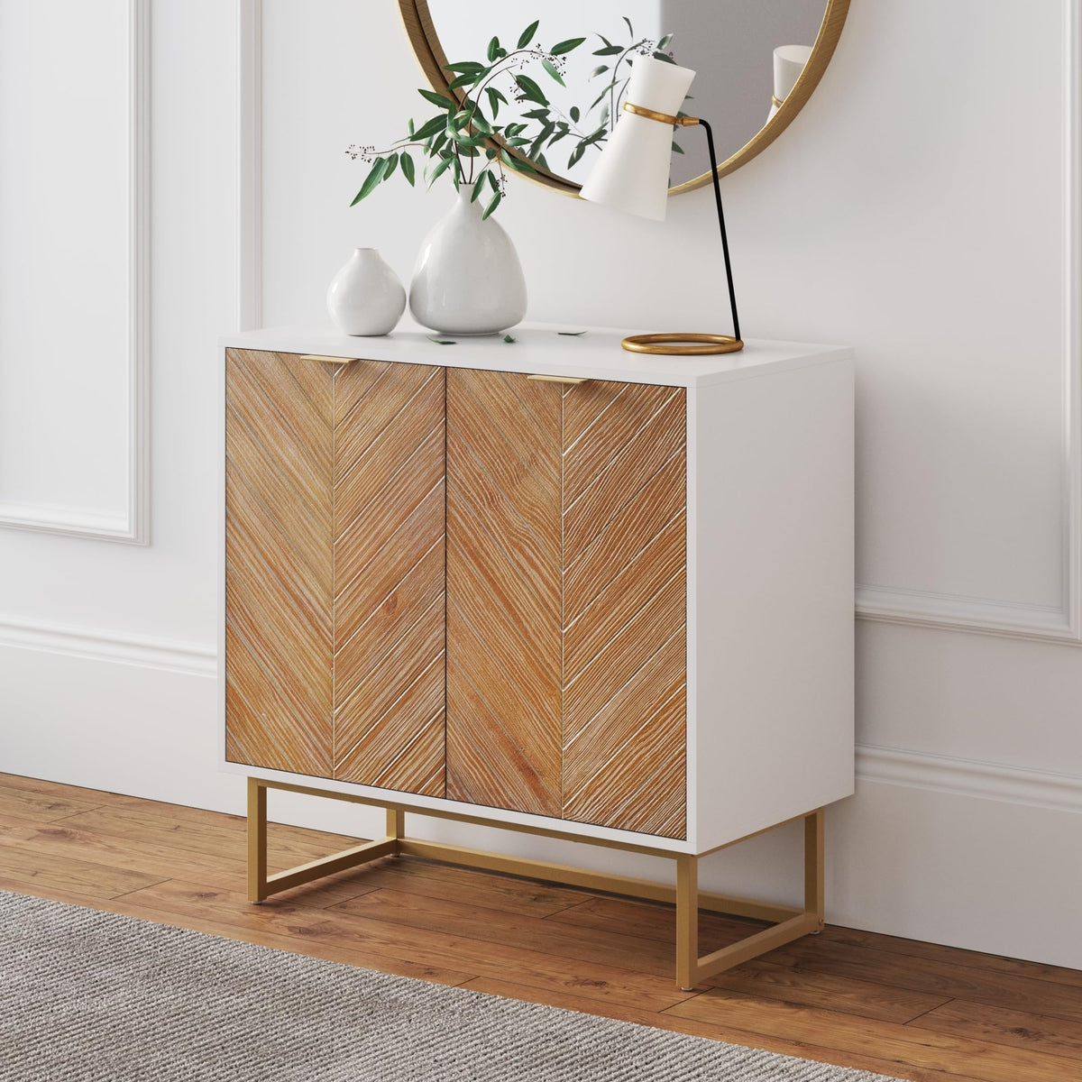 Nathan James Enloe Modern Storage Free Standing Accent Cabinet White With Doors In A Rustic Pine Wood Finish And Gold Powder-Coated Metal Base For Hallway, Entryway Or Living Room, Brown/White/Gold
