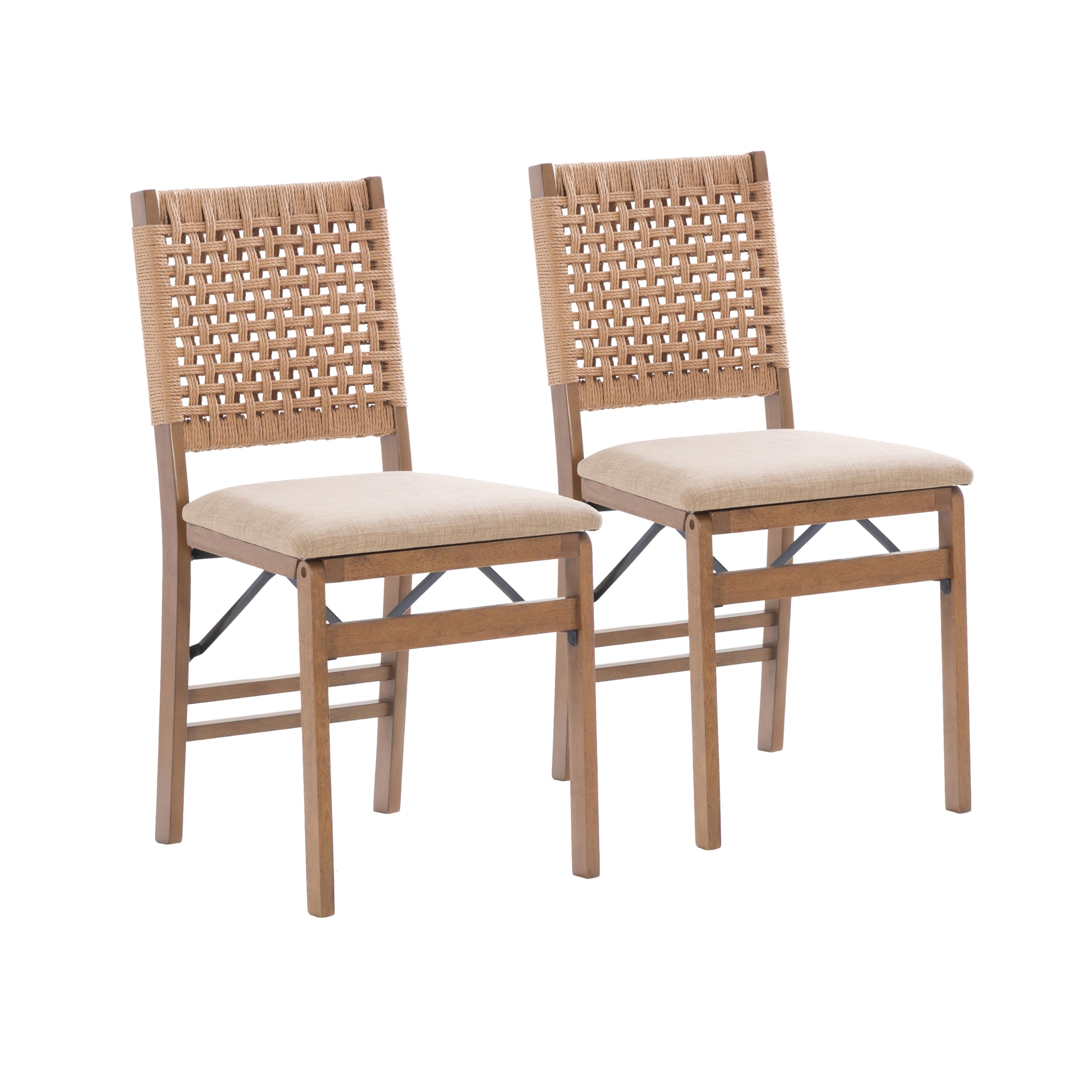 Bennett Natural Folding Chair with Woven Rope Back and Linen Upholstered Seat Set of 2 by Linon