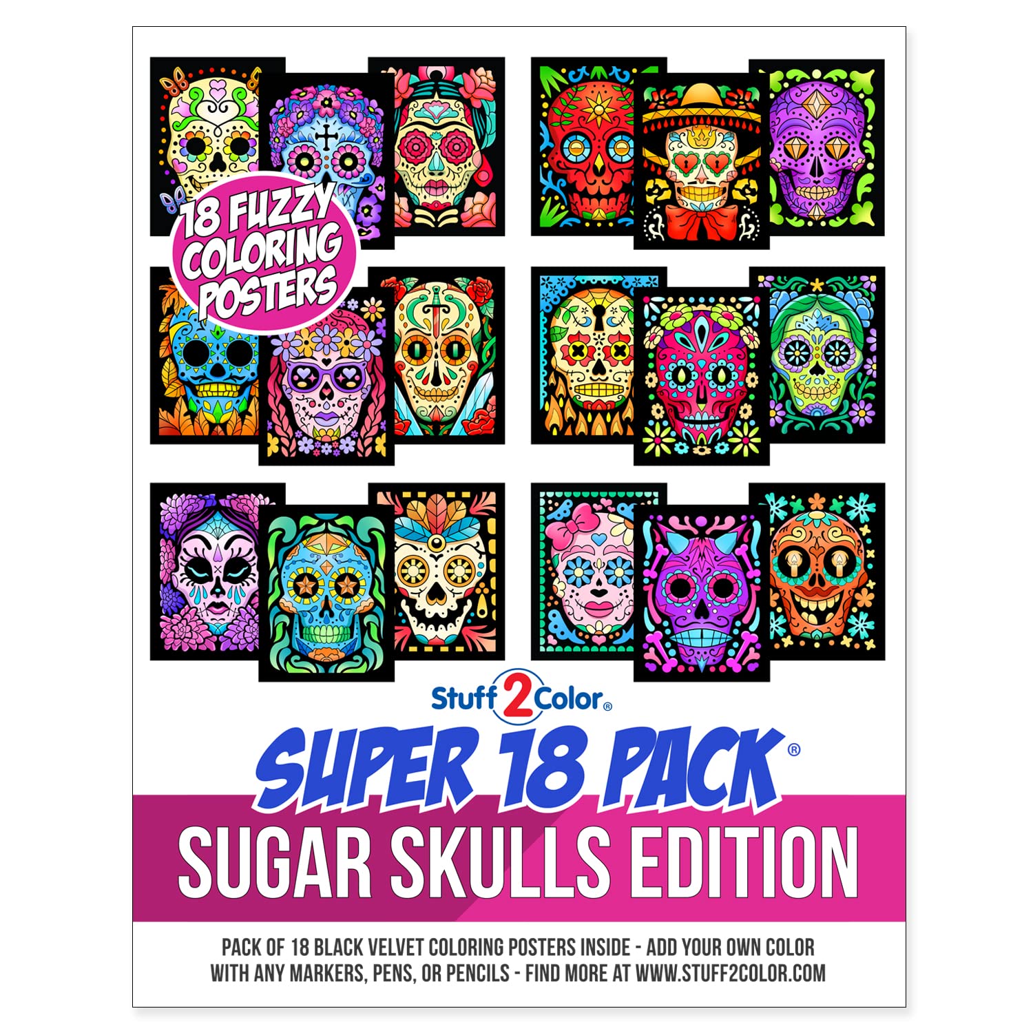 Stuff2Color Super Pack of 18 Fuzzy Velvet Coloring Posters (Sugar Skulls Edition) - Great Kid Friendly Halloween, Day of the Dea
