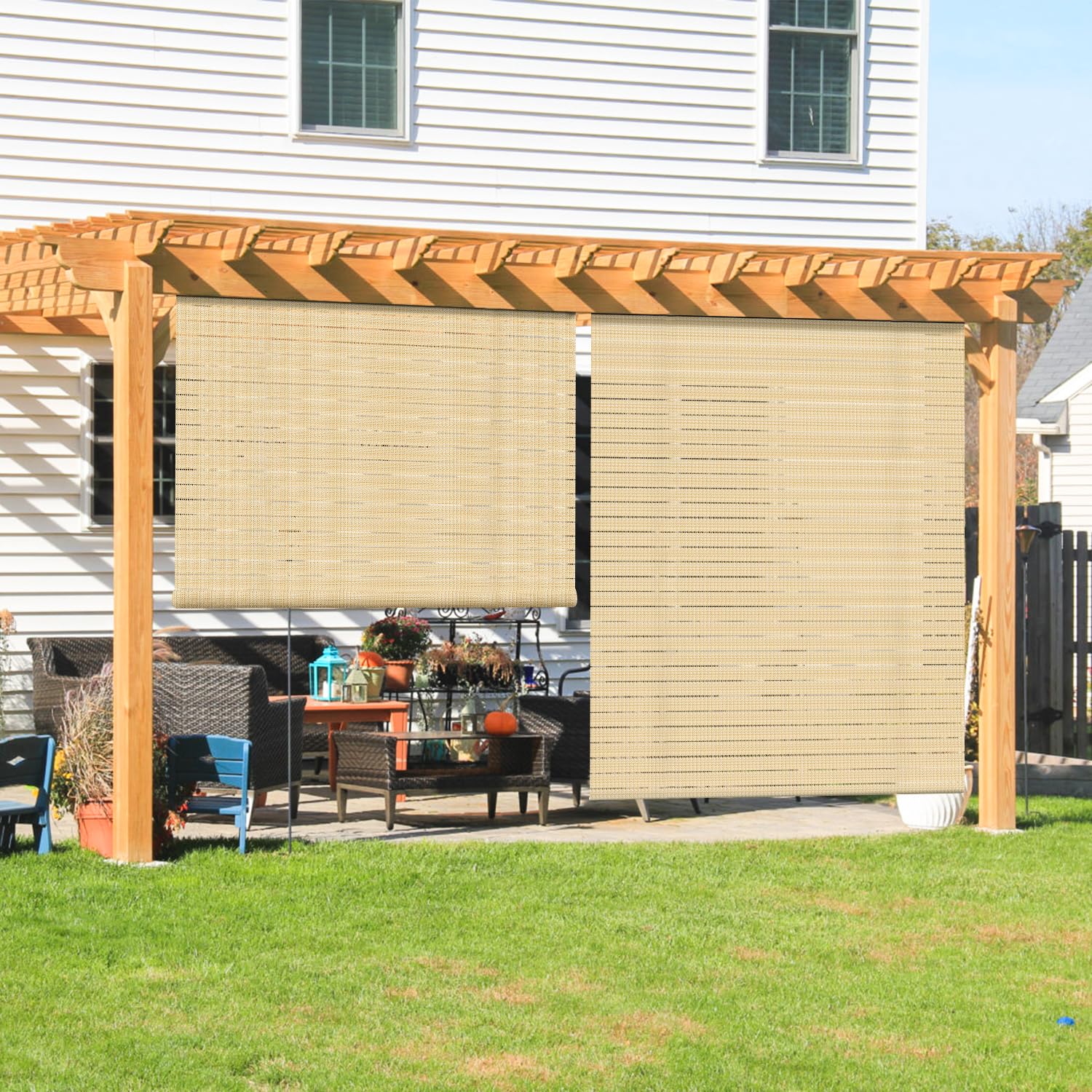 Coarbor Outdoor Roll Up Shades Blinds For Pergola Porch Balcony Deck Roller Shade Screen 6'W X 14'L Hollow Out Beige