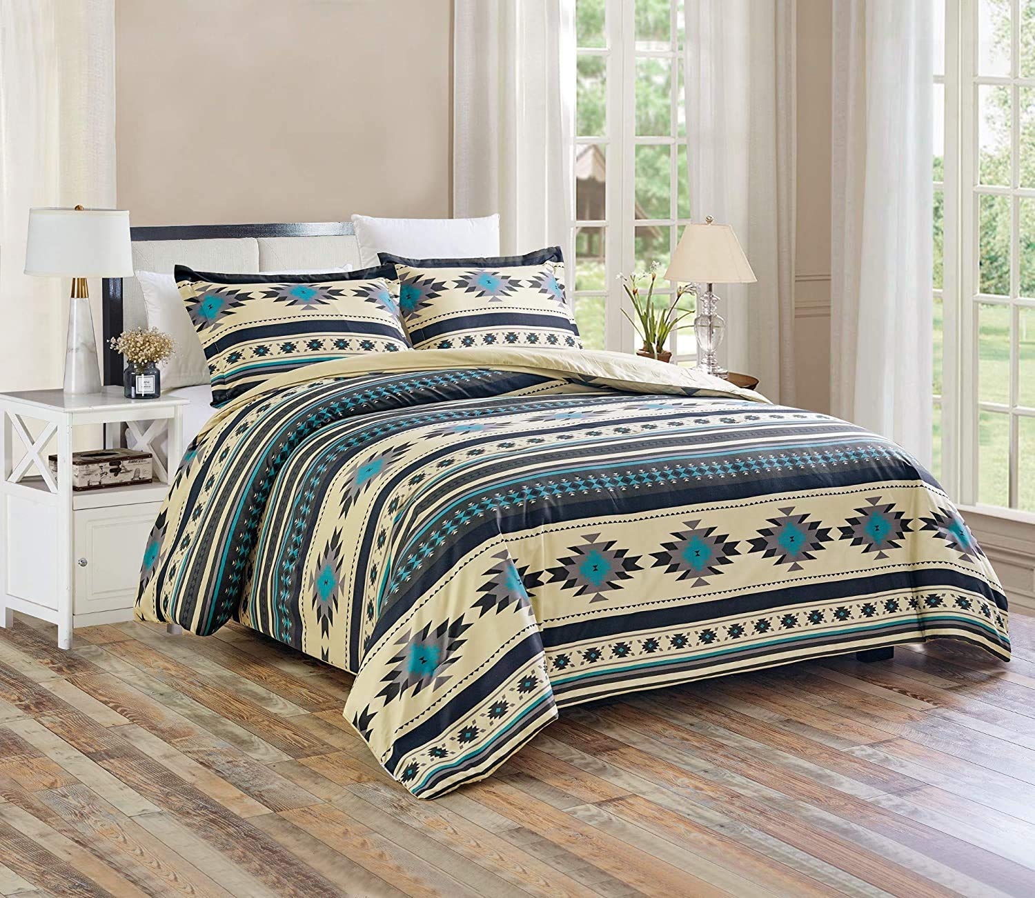 Chezmoi Collection 3-Piece Southwestern Geometric Tribal Multicolor Teal Beige Black Gray Comforter Set, Queen Size