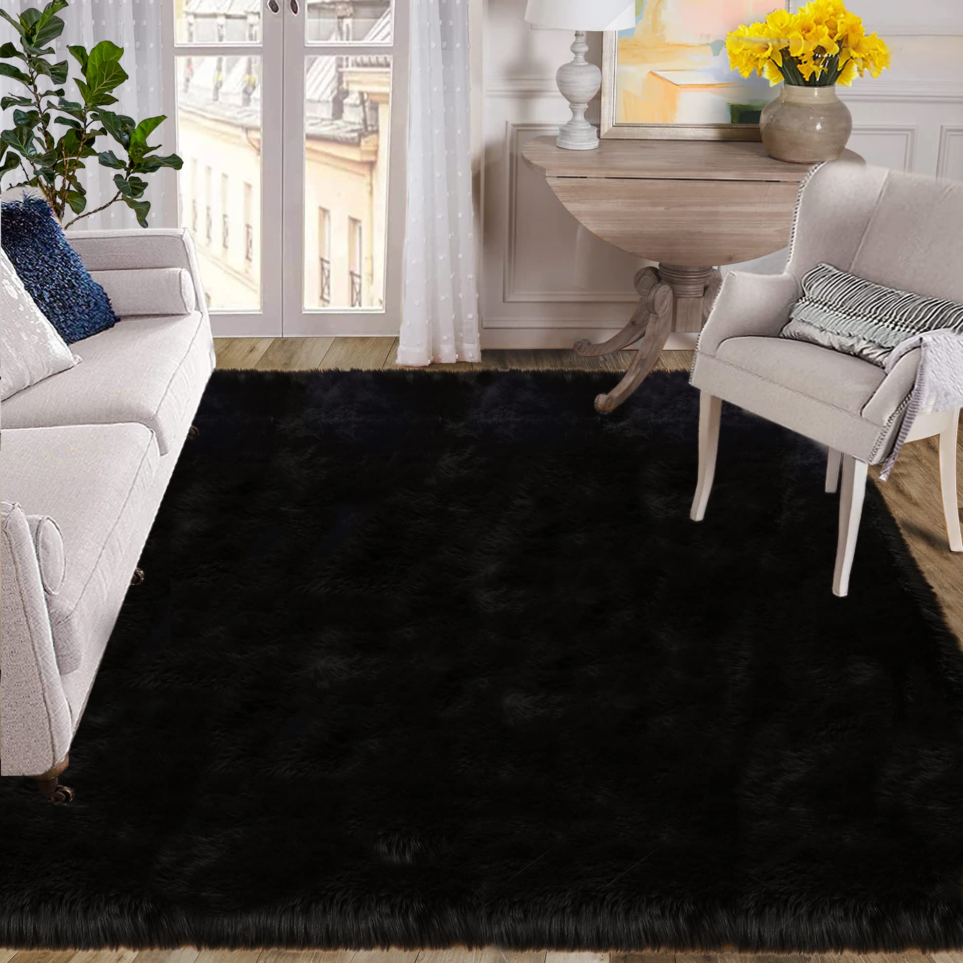 ORINOVA Washable Rug 6x9 Area Rugs for Living Room Black Fuzzy Faux Sheepskin Shag Fur Rug for Bedroom Nursery Rectangle Rug Hom