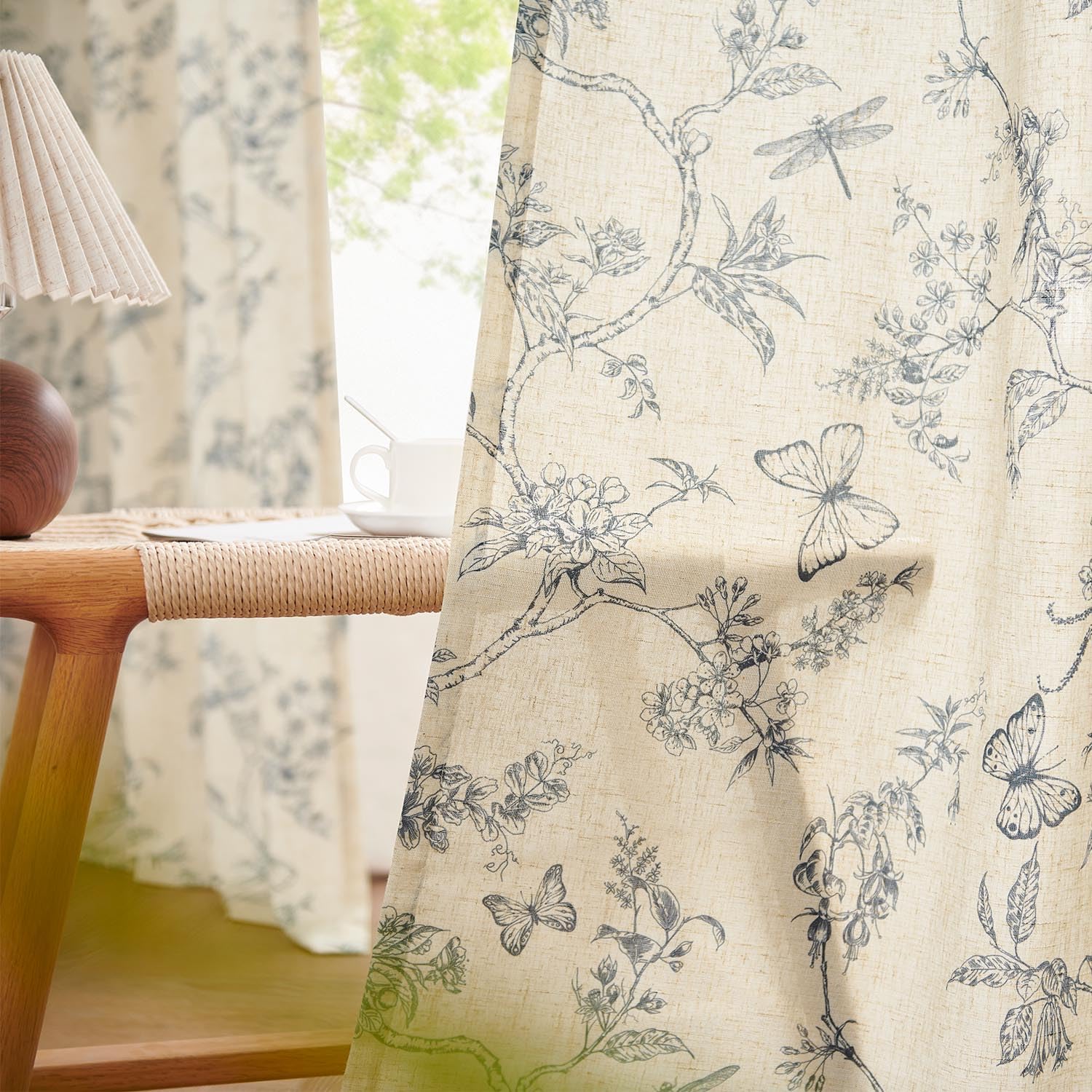 Lazzzy Blue Floral Curtains 84 Inch Length Linen Farmhouse Curtain Back Tab Drapes For Living Room Bedroom Light Filtering Vinta