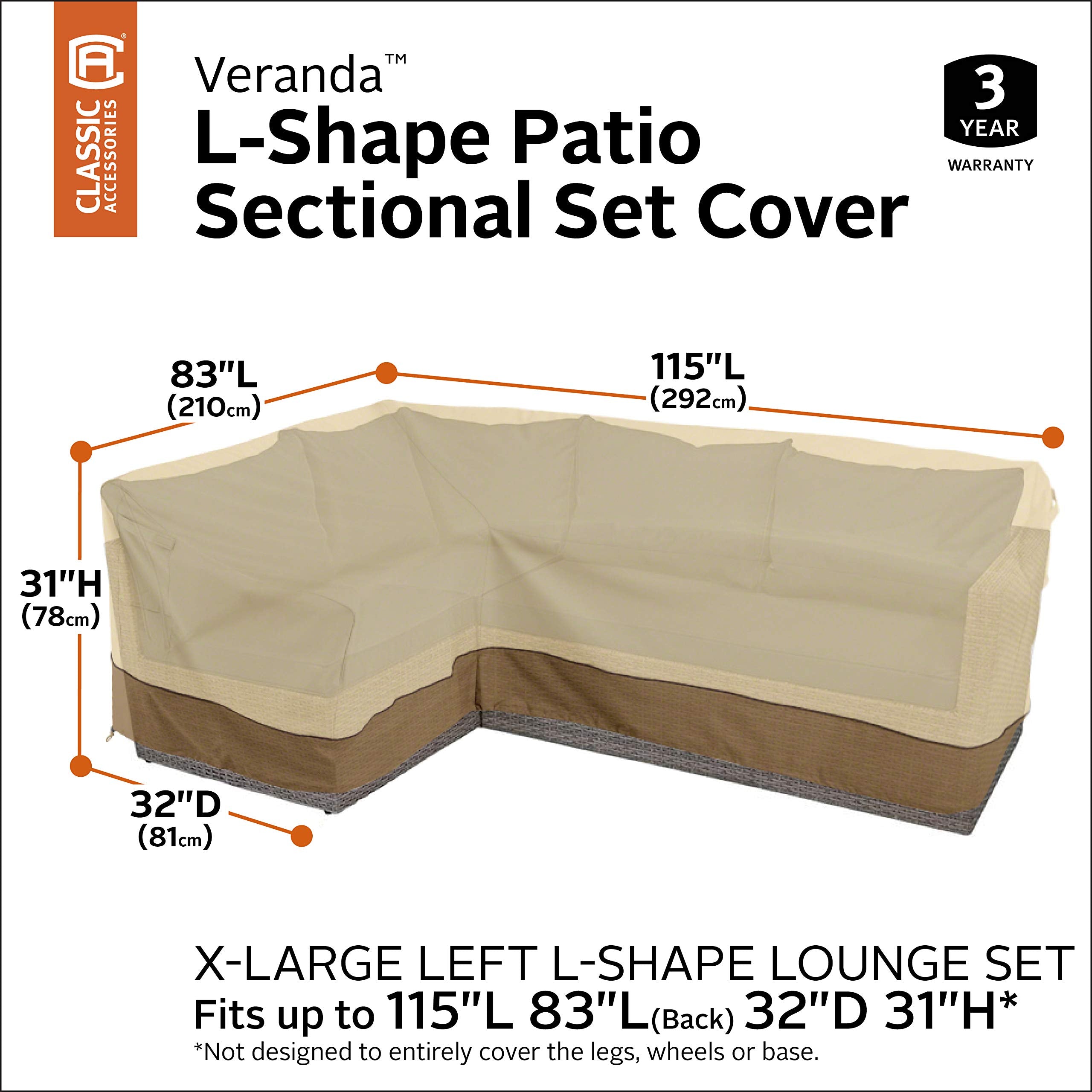 Classic Accessories Veranda 115" Water-Resistant Patio Sectional Cover - Pebble/Bark/Earth, Polyester, Model 56-303-051501-EC