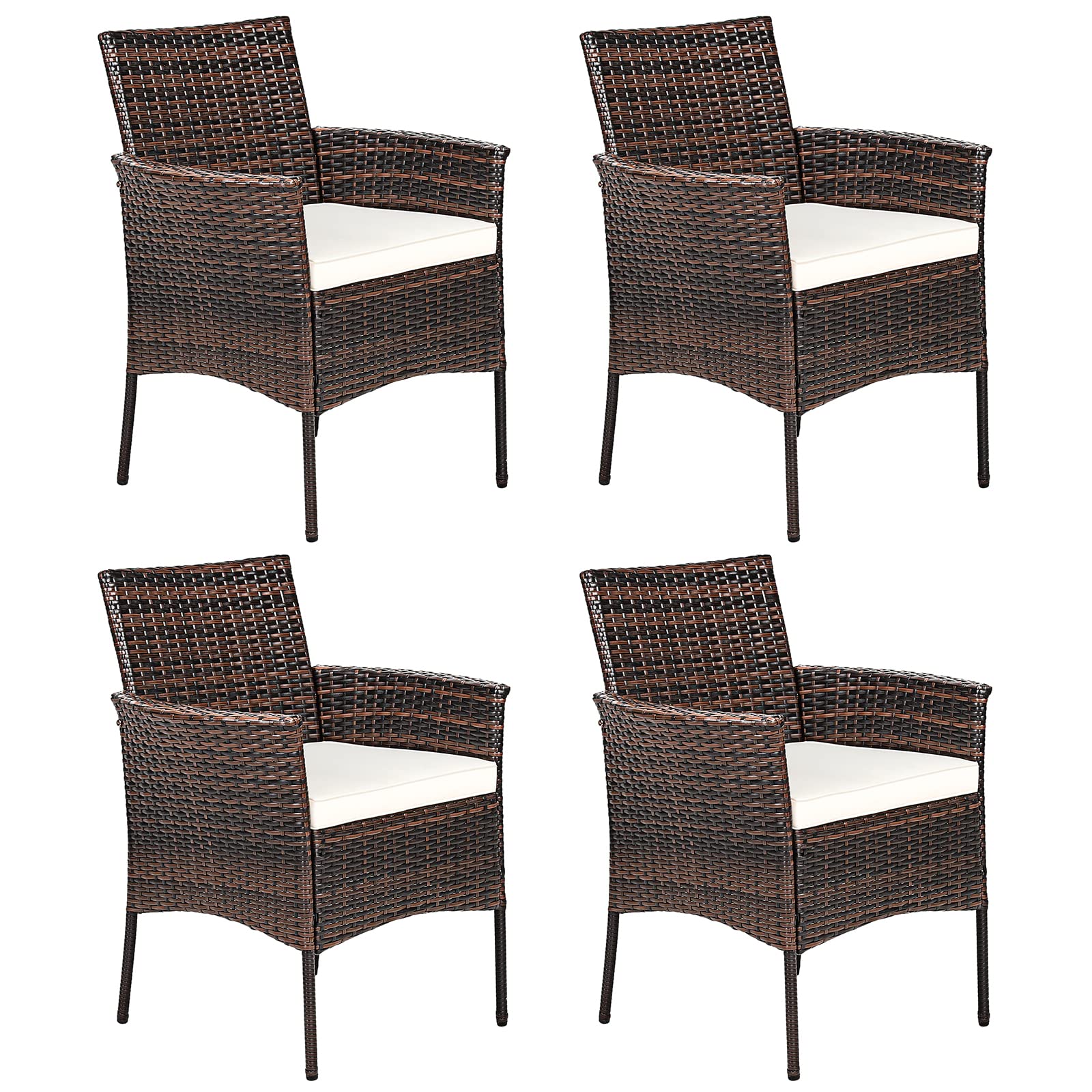 Relax4Life Wicker Patio Chairs Set Of 4, Indoor Outdoor Pe Rattan Armchairs W/Cane Back, Seat Cushions For Bistro Porch Poolside, 360Lbs Weight Capacity, 4 Pack Outdoor Dining Chairs (4, Brown+Beige)