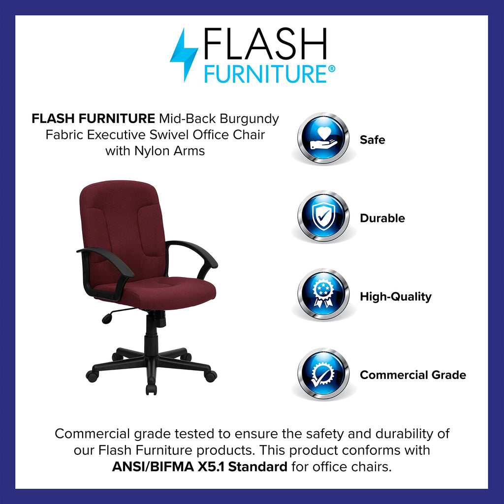 Flash Furniture Garver Mid-Back Burgundy Fabric Executive Swivel Office Chair with Nylon Arms