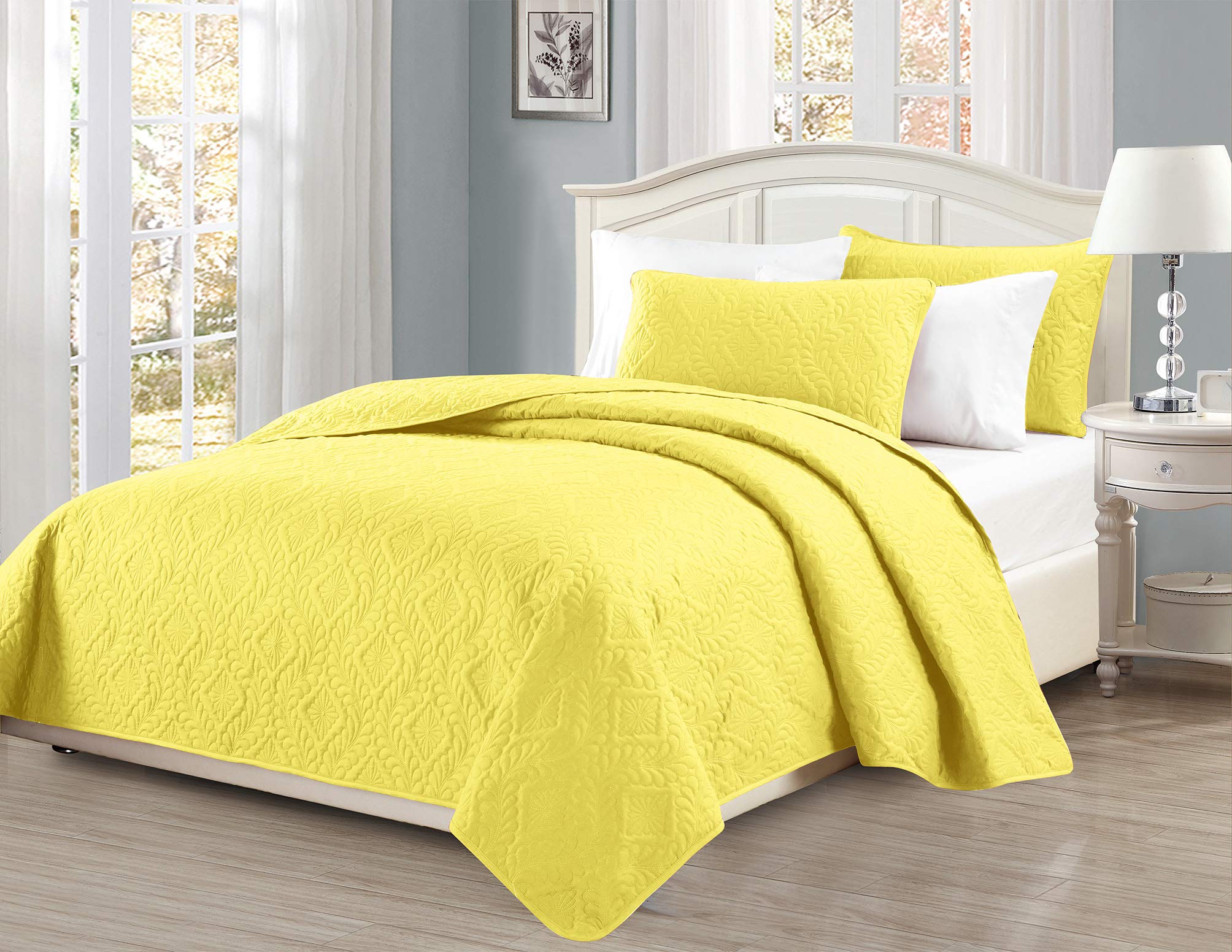 Mk Collection Full/Queen Size Over Size 100'X106' 3Pc Diamond Bedspread Bed-Cover Embossed Solid Yellow New