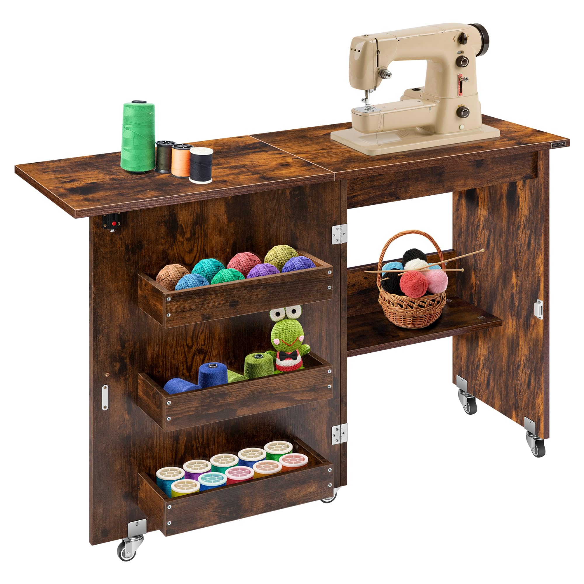 VIVOHOME Folding Sewing Craft Table, Rolling Sewing Machine Desk with Storage Shelves, Sewing Cabinet with Lift for Small Spaces