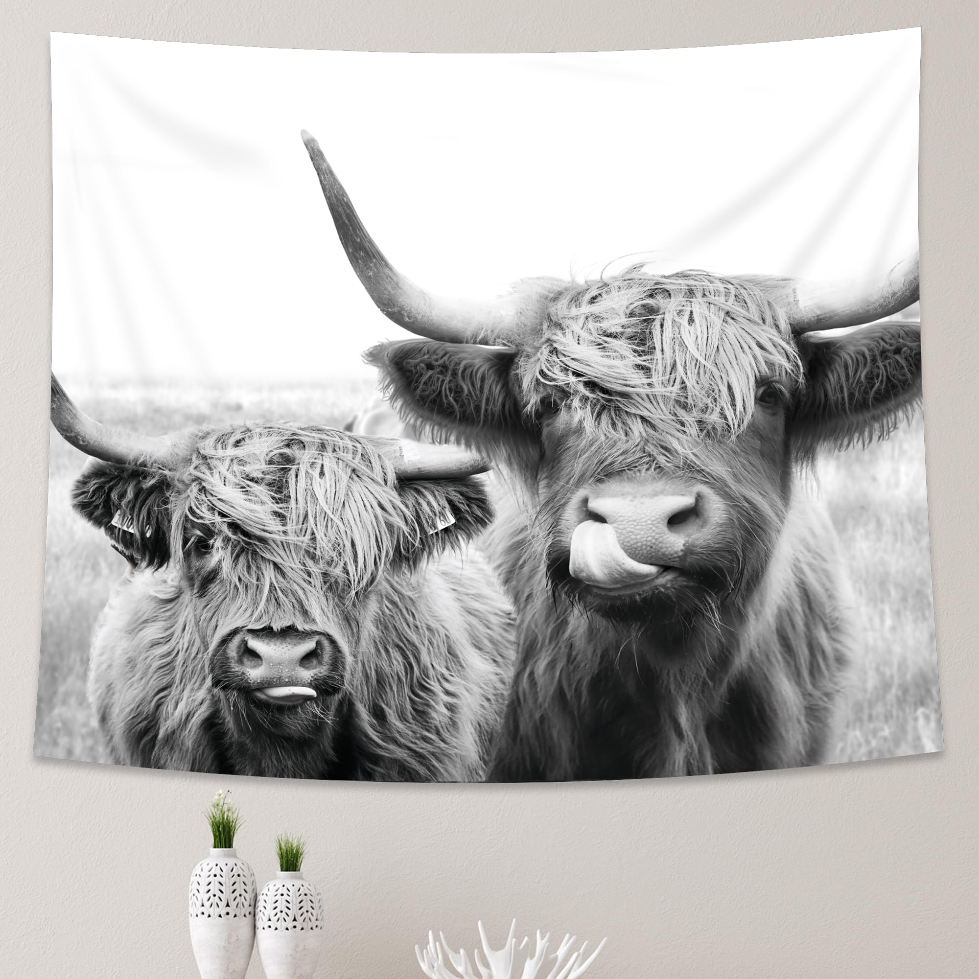 Ambzek Two Cows Tapestry 51Hx59W Inch Bull Highland Cow Western Farmhouse Farm Country Rustic Cattle Animal Wildlife Funny Cute