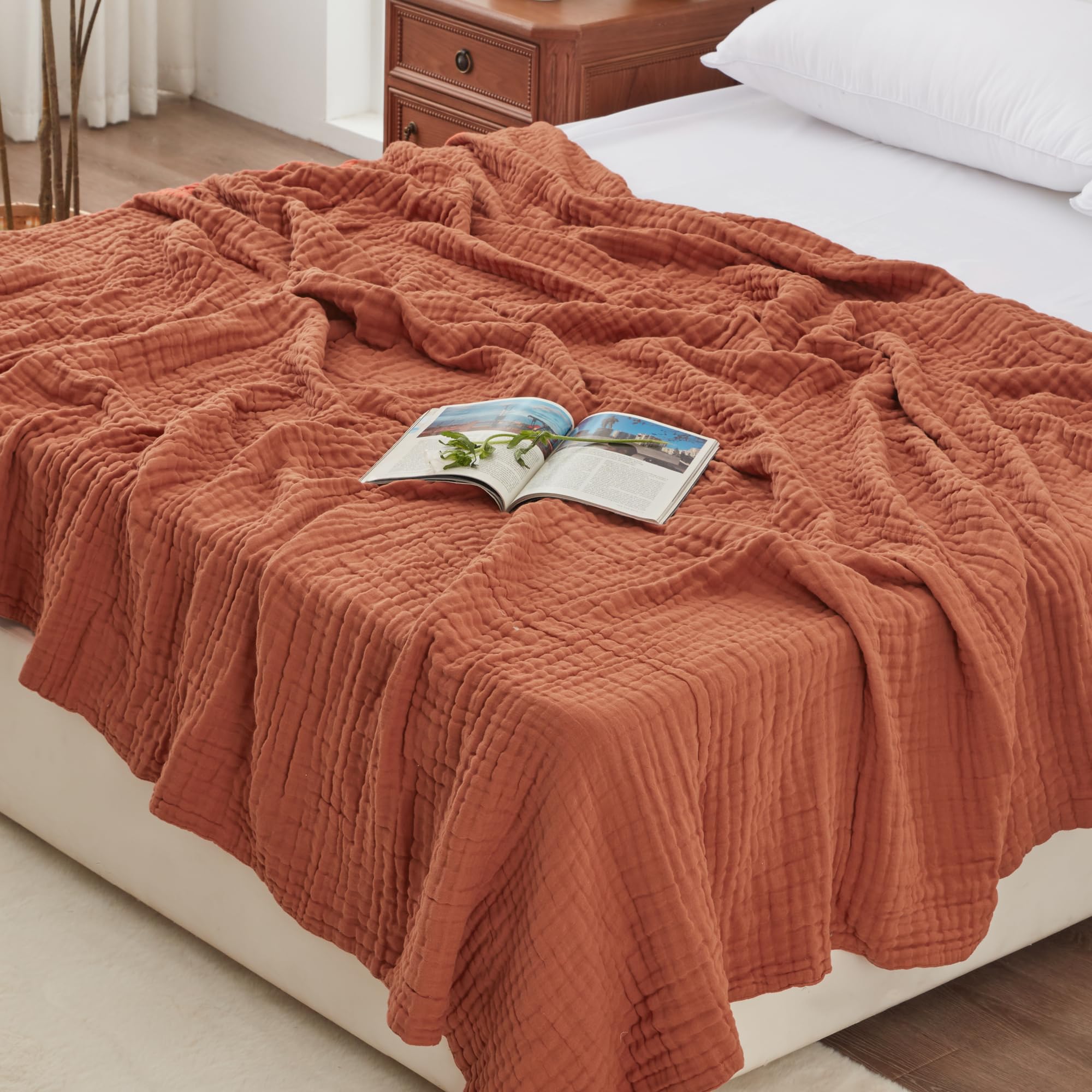 Love'S Cabin 6 Layer 100% Cotton Muslin Blanket, 108'X90' Muslin King Size Blanket For Bed Couch, Orange King Muslin Blanket, Cotton Gauze Blanket For Adult, Lightweight And Breathable Blanket