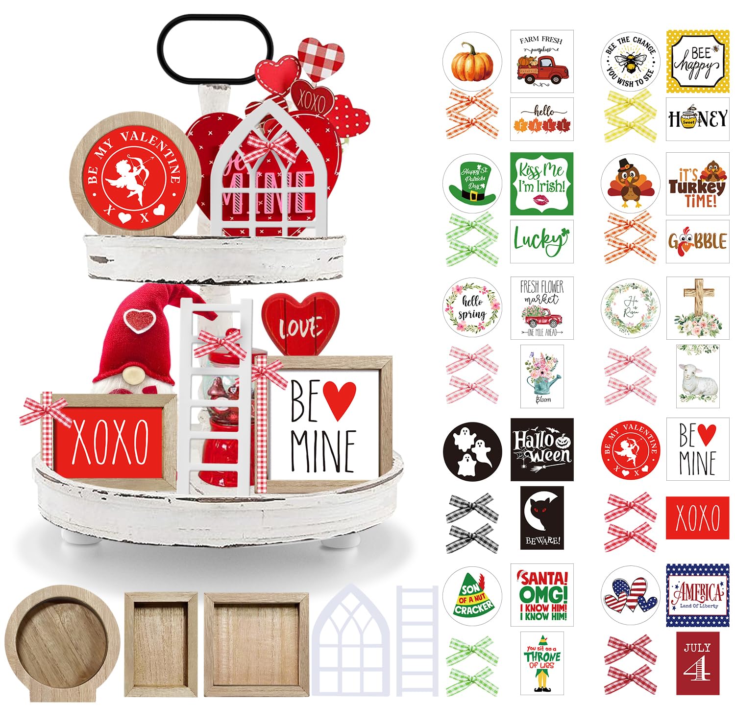 Nuvagiki Farmhouse Valentines Day Tiered Tray Decor Set,Interchangeable Year Round Seasonal Decorations Spring Decorations for H